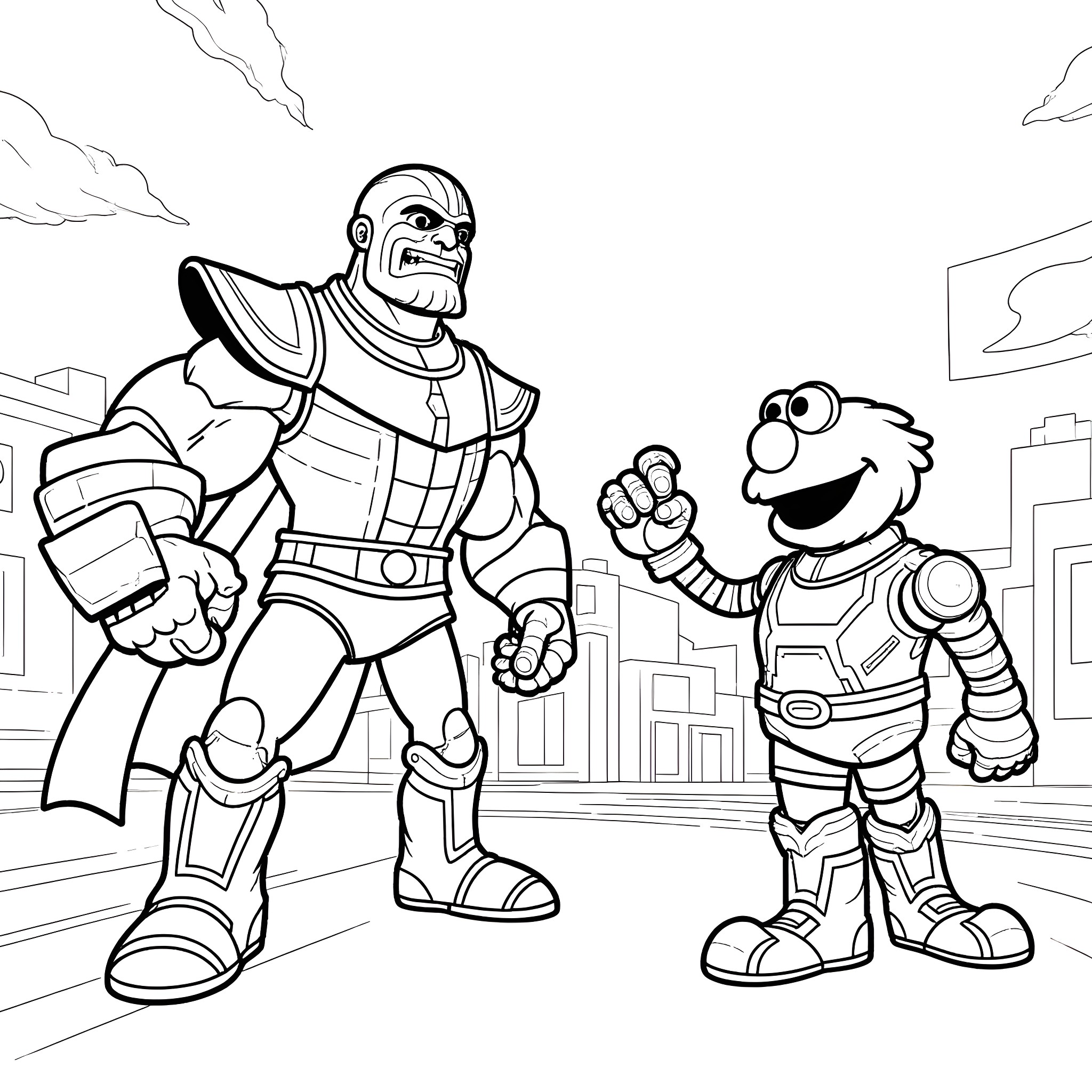 Elmo and a Heroic Figure in the City Coloring Page (free black-and-white line drawing printable PDF for all, from beginners to advanced learners, including children, teens, adults, and seniors)