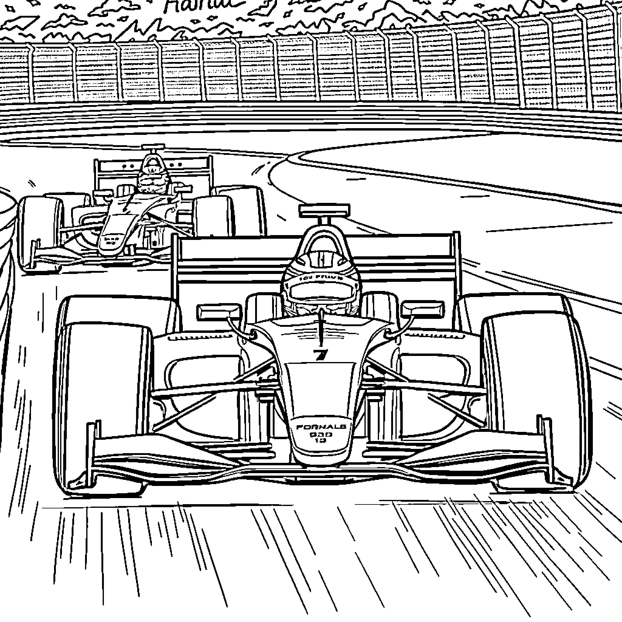 Formula 1 Race Cars Speeding on the Track Coloring Page (free black-and-white line drawing printable PDF for all, from beginners to advanced learners, including children, teens, adults, and seniors)