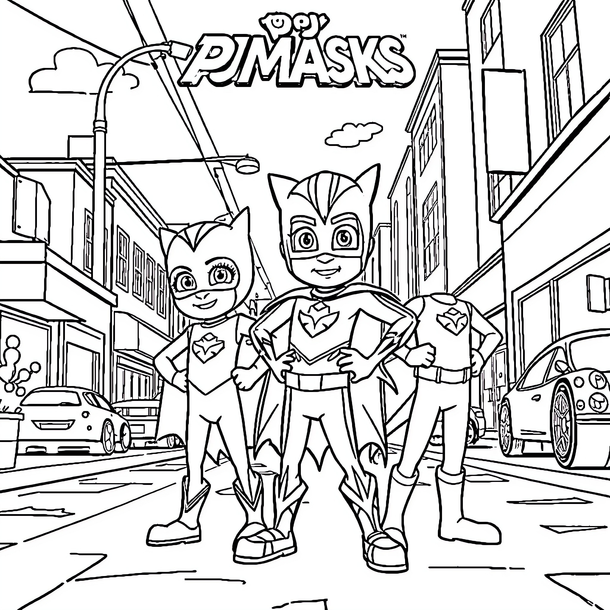 Pj Masks heroes in action on city streets Coloring Page (free black-and-white line drawing printable PDF for all, from beginners to advanced learners, including children, teens, adults, and seniors)