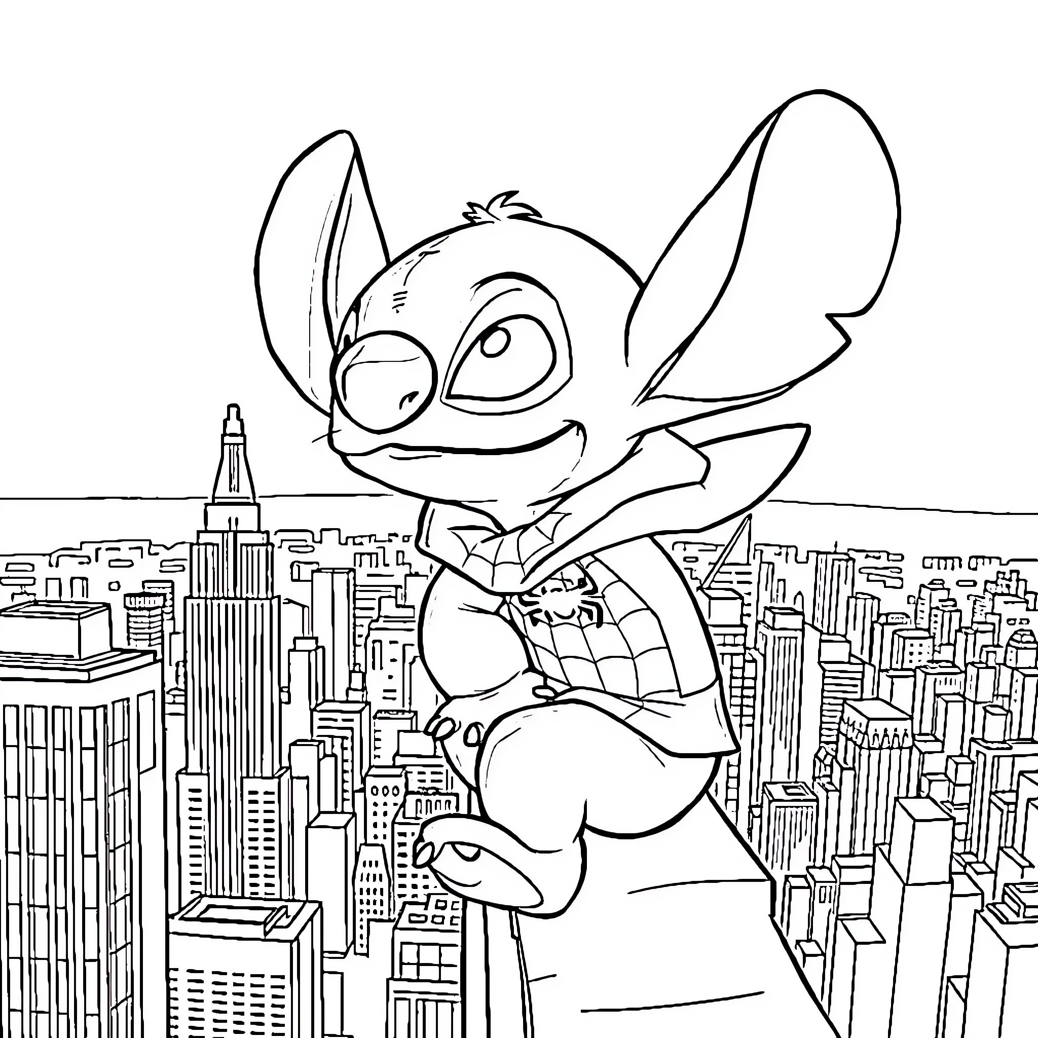 Stitch Exploring the City Skyline Coloring Page (free black-and-white line drawing printable PDF for all, from beginners to advanced learners, including children, teens, adults, and seniors)