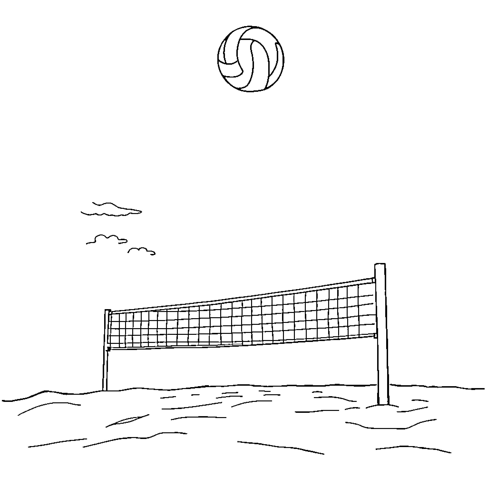 Volleyball game on the beach Coloring Page (free black-and-white line drawing printable PDF for all, from beginners to advanced learners, including children, teens, adults, and seniors)