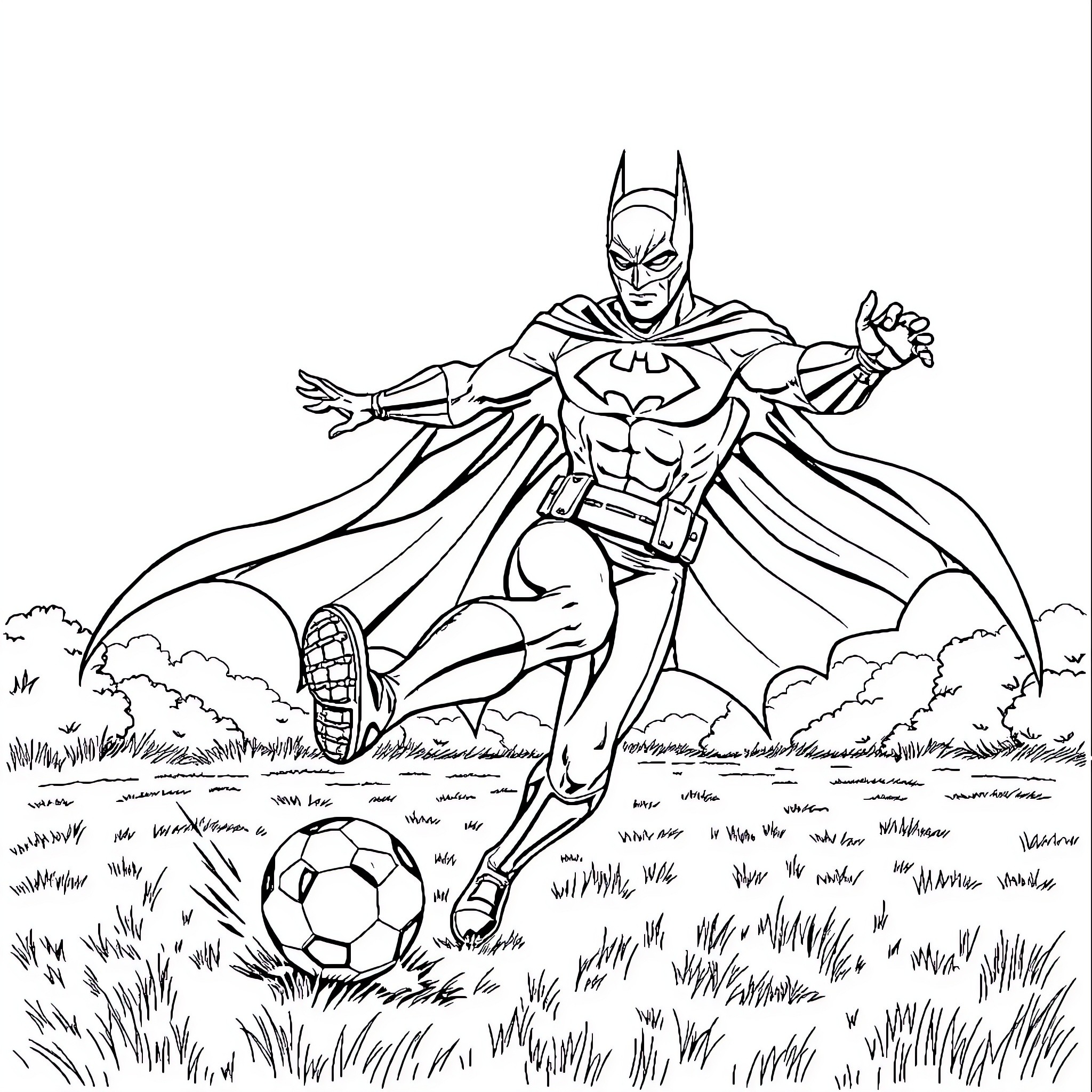 Batman playing soccer in the field Coloring Page (free black-and-white line drawing printable PDF for all, from beginners to advanced learners, including children, teens, adults, and seniors)
