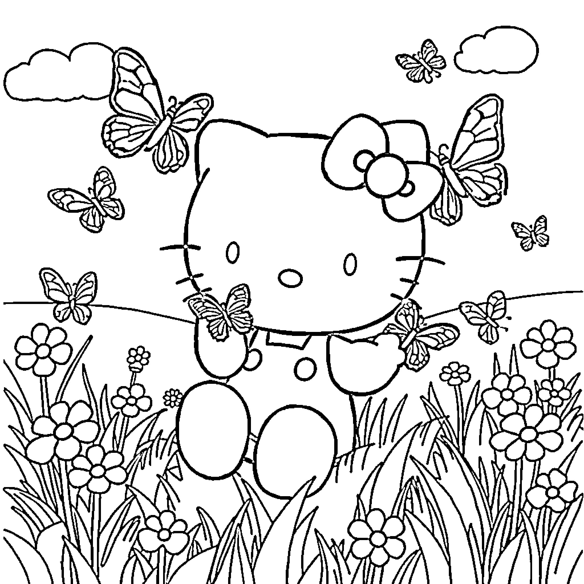Hello Kitty and Butterflies in the Garden Coloring Page (free black-and-white line drawing printable PDF for all, from beginners to advanced learners, including children, teens, adults, and seniors)