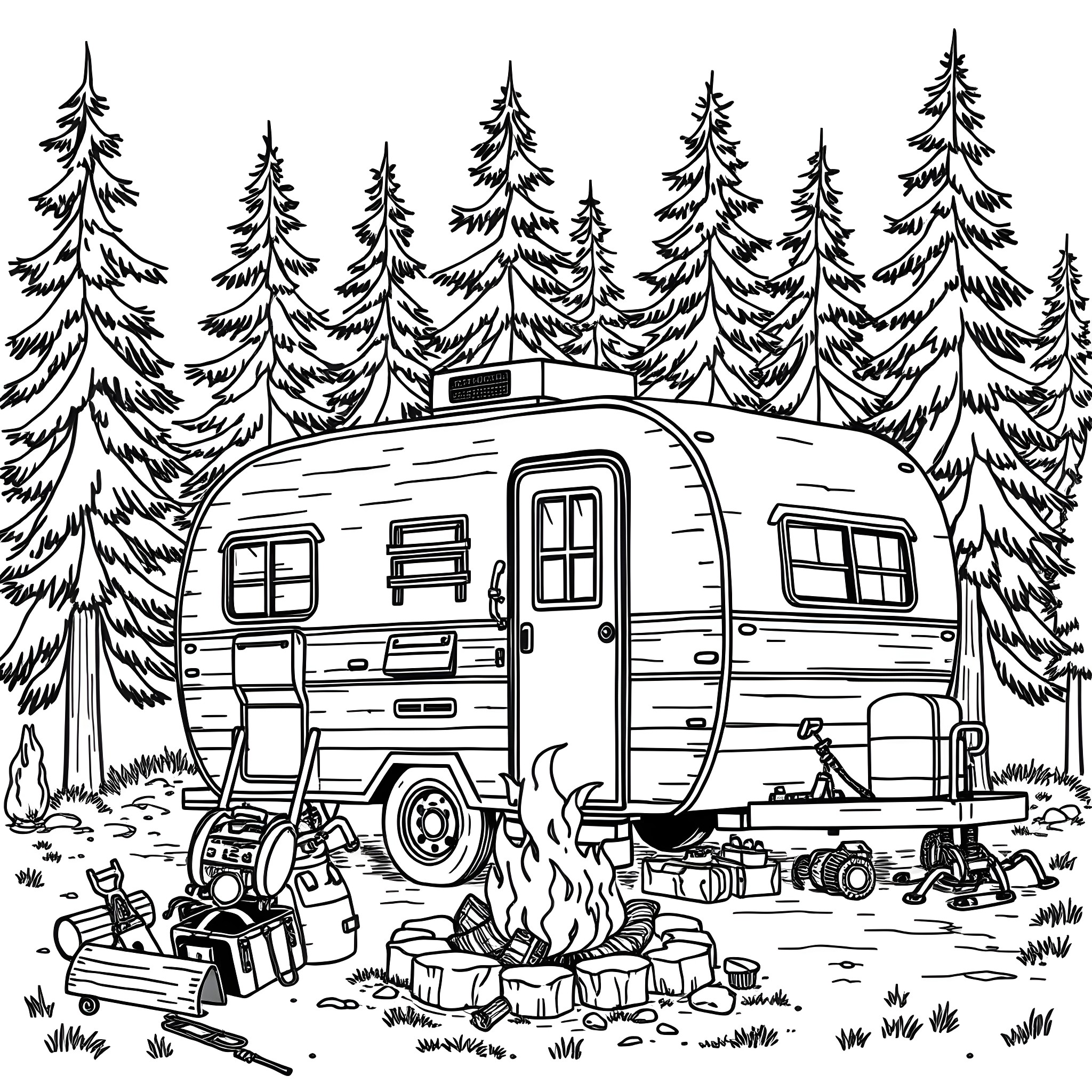 Trailer of a cozy outdoor camping scene in the forest Coloring Page (free black-and-white line drawing printable PDF for all, from beginners to advanced learners, including children, teens, adults, and seniors)