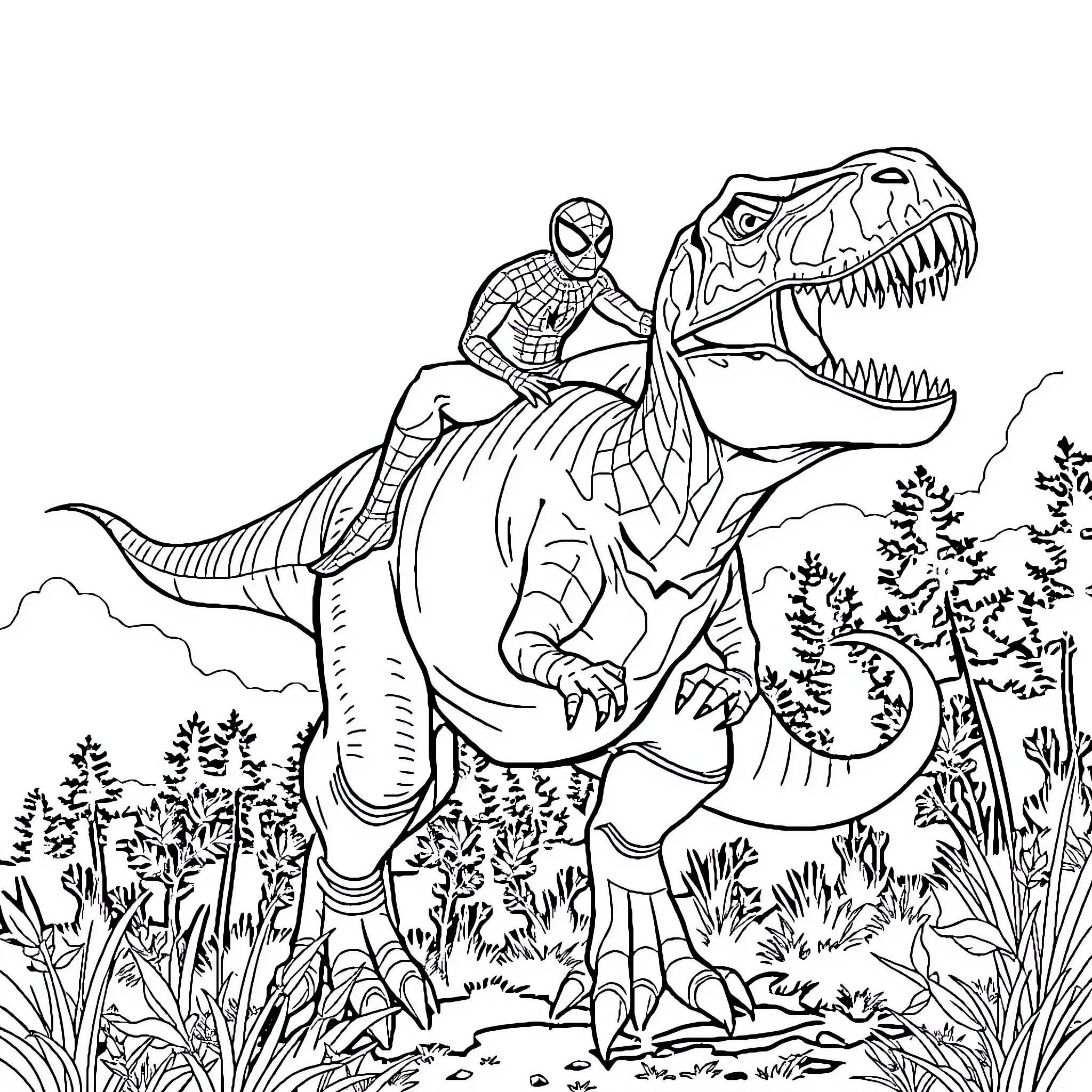 Spiderman riding a mighty dinosaur in the wilderness Coloring Page (free black-and-white line drawing printable PDF for all, from beginners to advanced learners, including children, teens, adults, and seniors)