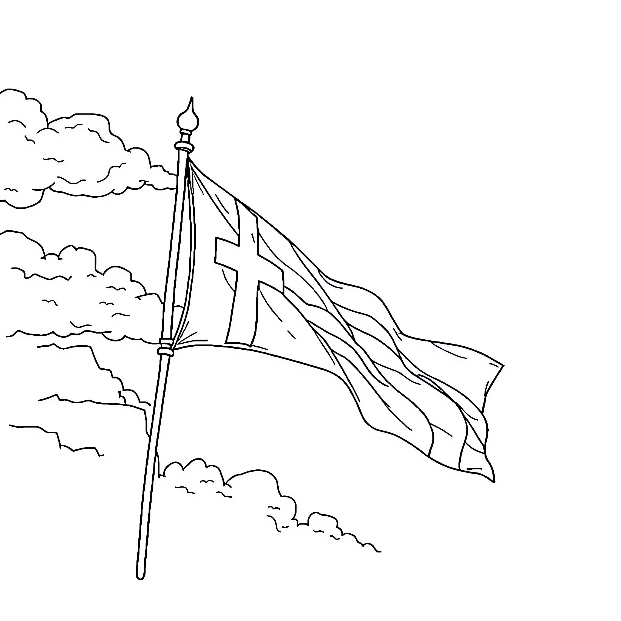 Asturias Flag fluttering amidst clouds Coloring Page (free black-and-white line drawing printable PDF for all, from beginners to advanced learners, including children, teens, adults, and seniors)