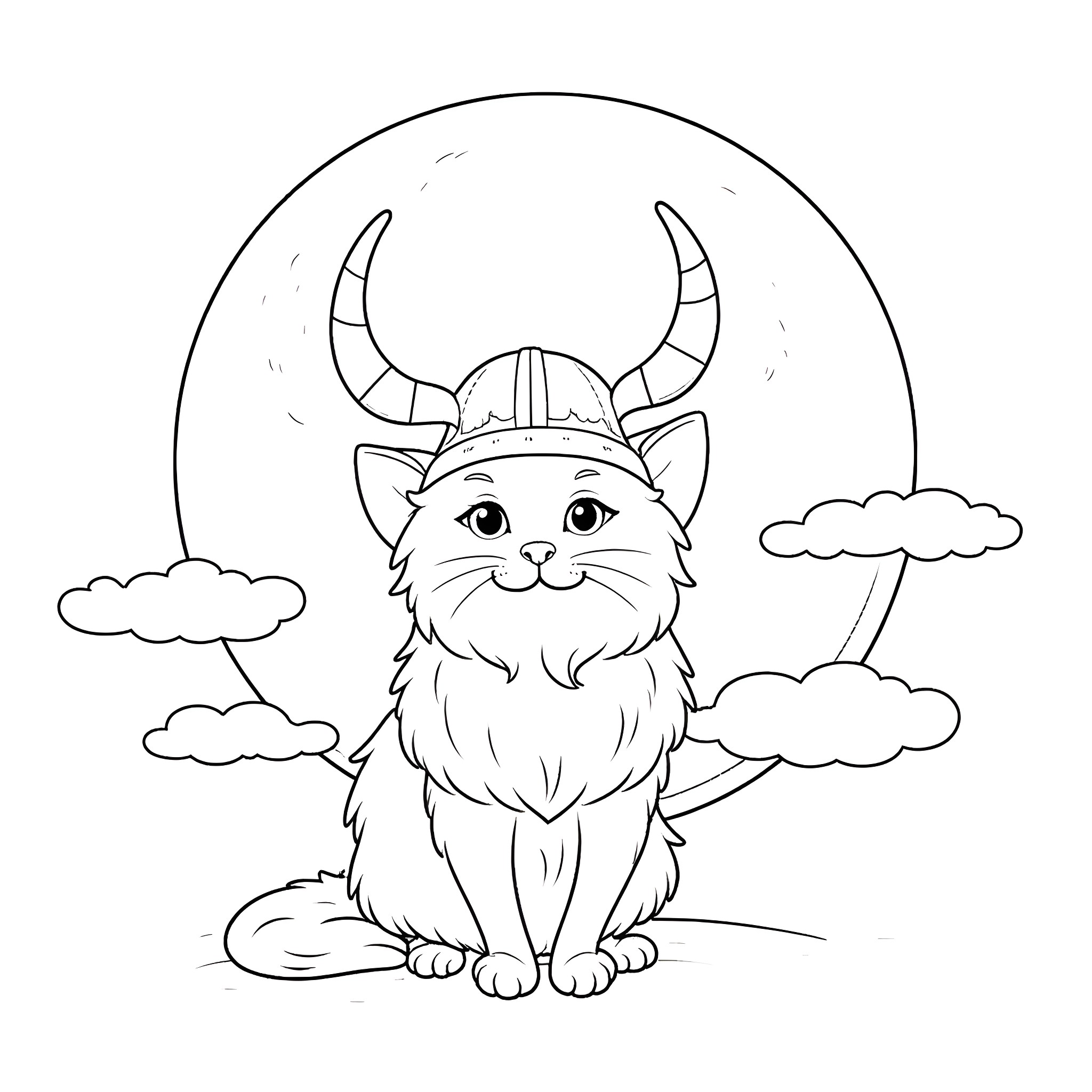 Cat in Viking helmet posing with clouds Coloring Page (free black-and-white line drawing printable PDF for all, from beginners to advanced learners, including children, teens, adults, and seniors)
