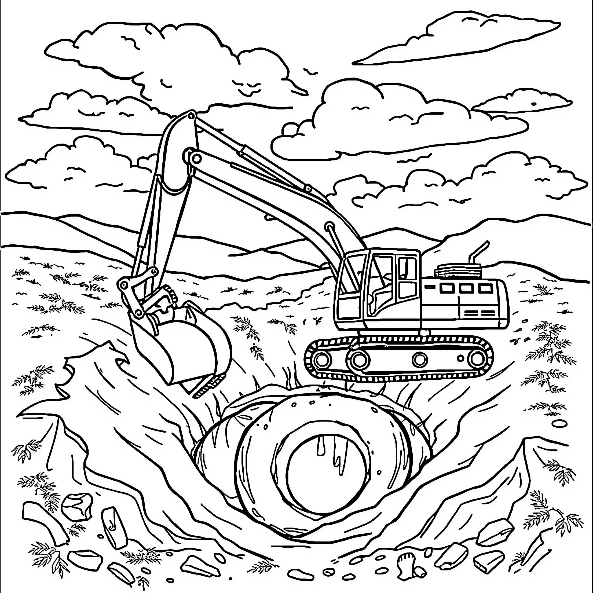 Excavator working diligently in scenic outdoor environment Coloring Page (free black-and-white line drawing printable PDF for all, from beginners to advanced learners, including children, teens, adults, and seniors)