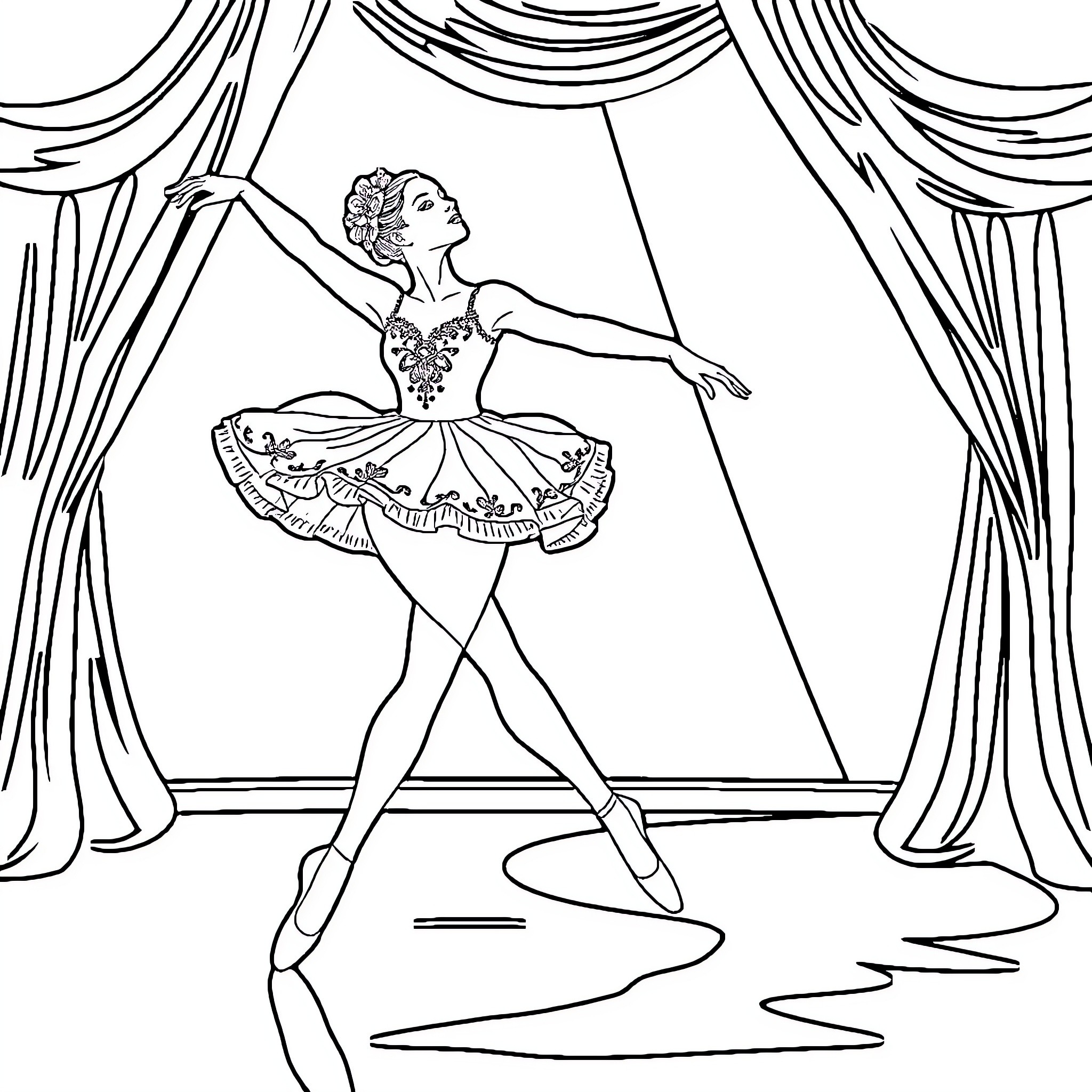 Ballerina gracefully performing on stage Coloring Page (free black-and-white line drawing printable PDF for all, from beginners to advanced learners, including children, teens, adults, and seniors)