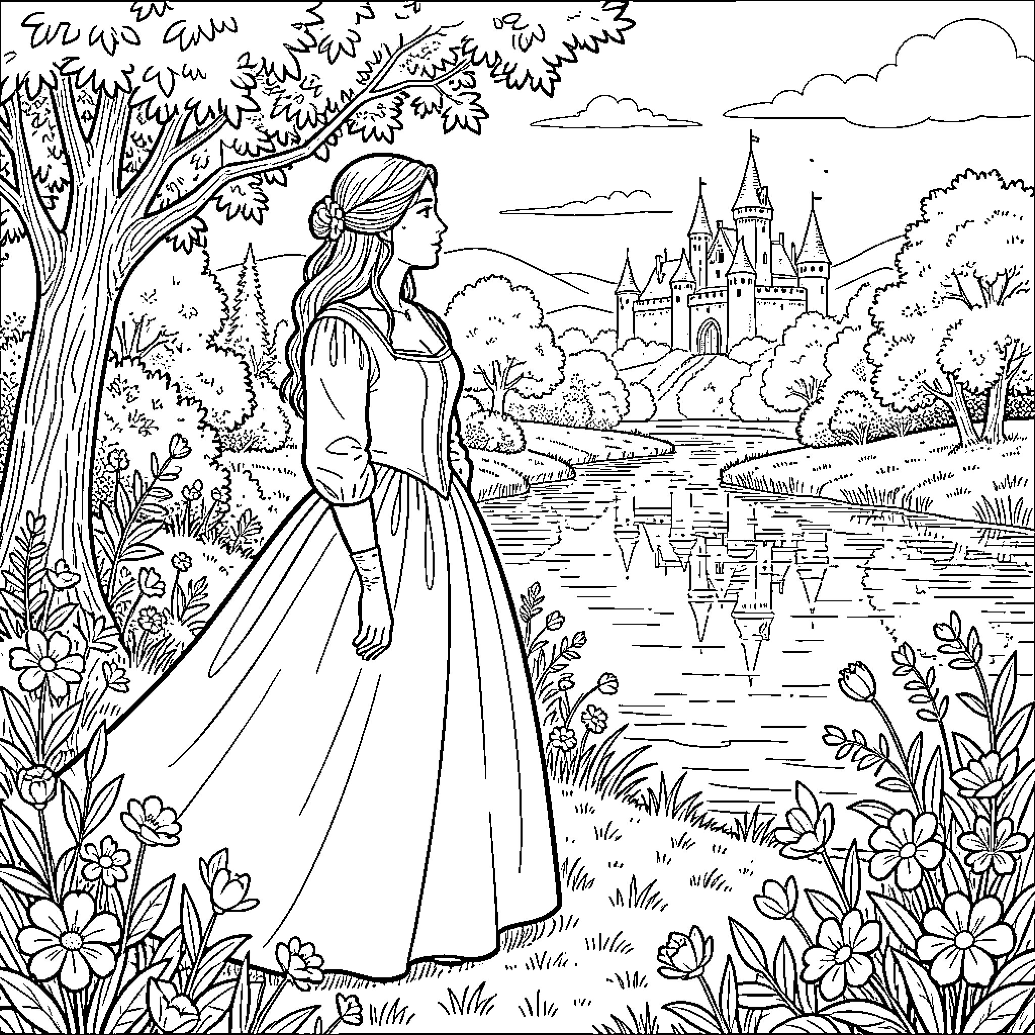 Lady of Shalott gazing upon castle in the distance Coloring Page (free black-and-white line drawing printable PDF for all, from beginners to advanced learners, including children, teens, adults, and seniors)