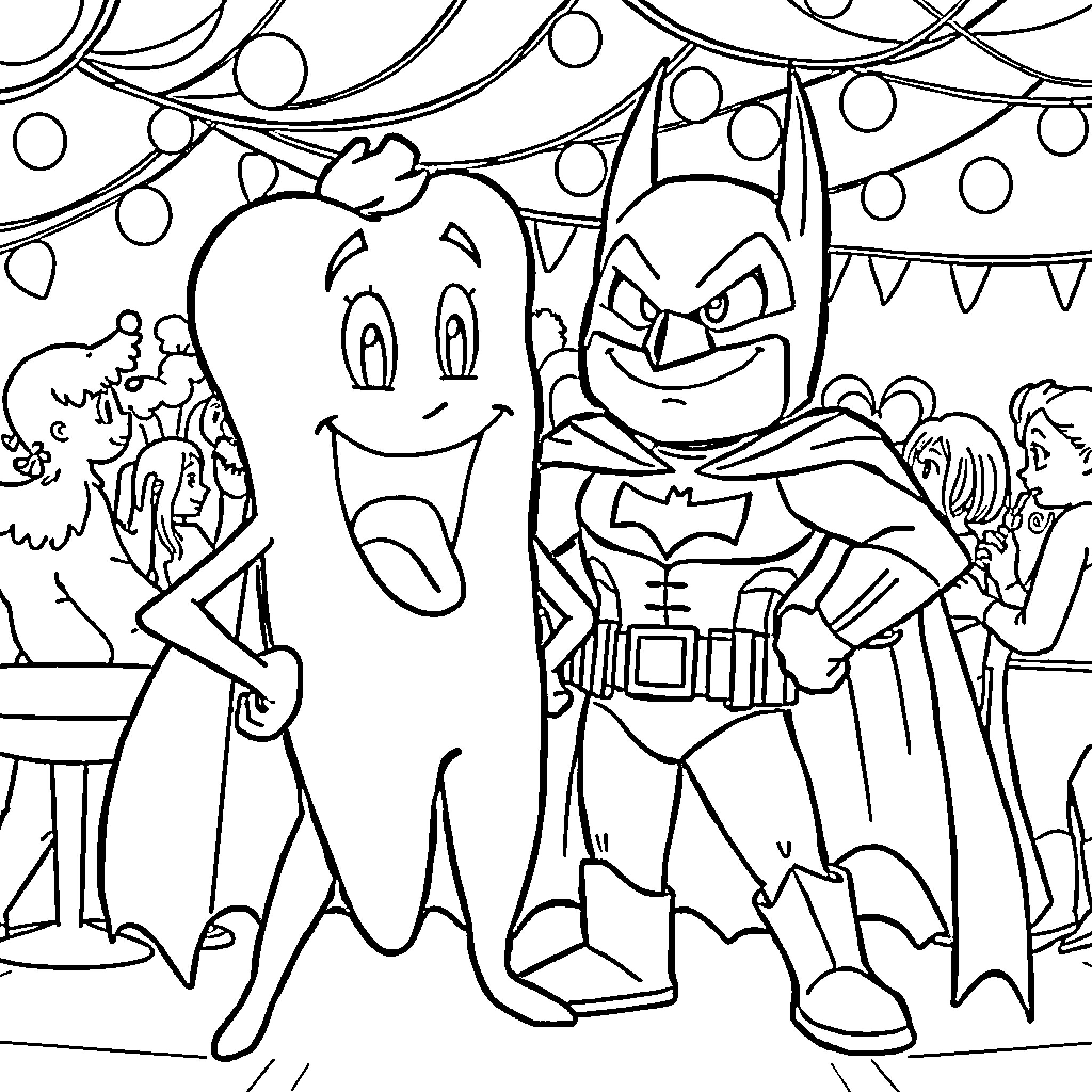 Tooth superhero and friend at a party Coloring Page (free black-and-white line drawing printable PDF for all, from beginners to advanced learners, including children, teens, adults, and seniors)