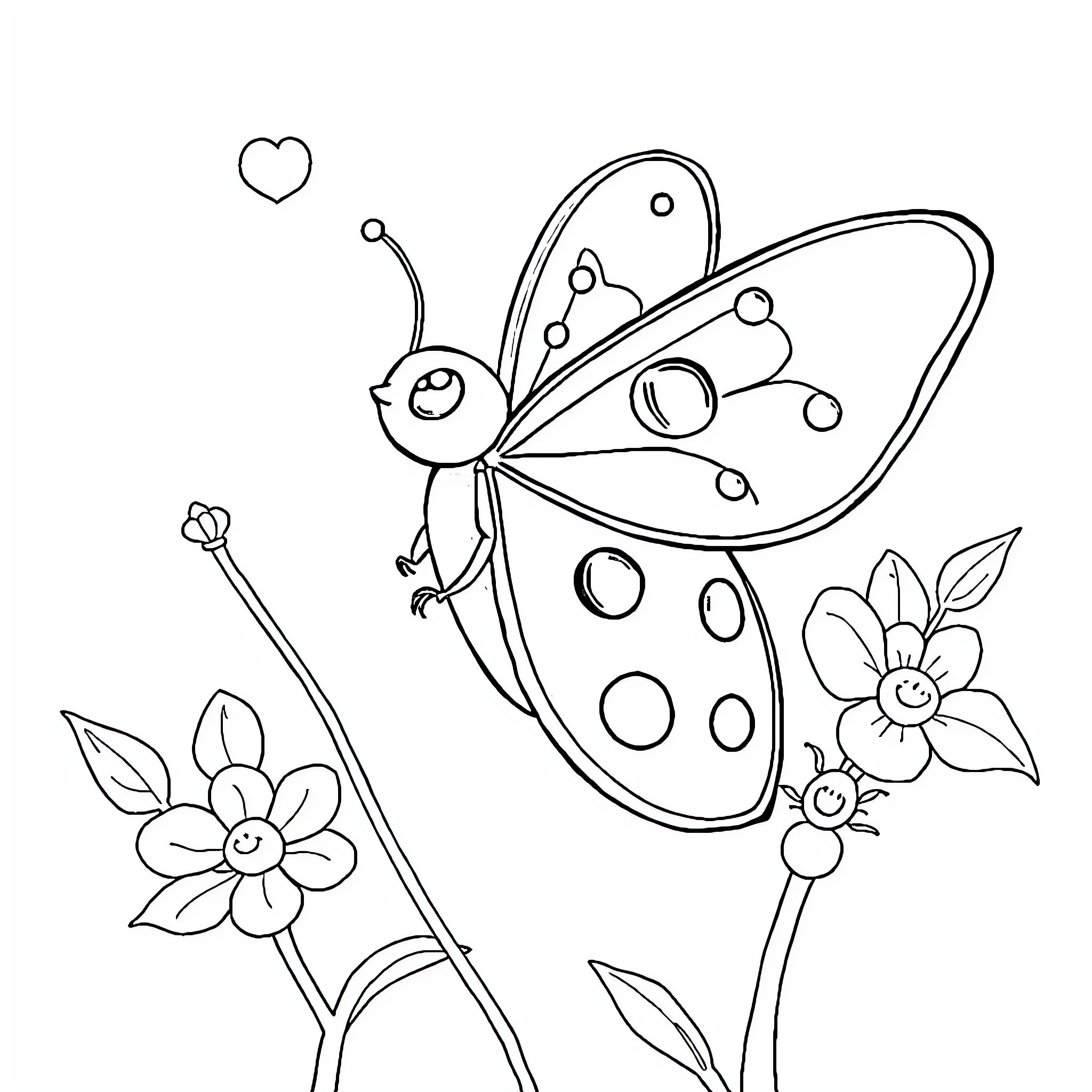 Ladybug exploring colorful flowers Coloring Page (free black-and-white line drawing printable PDF for all, from beginners to advanced learners, including children, teens, adults, and seniors)