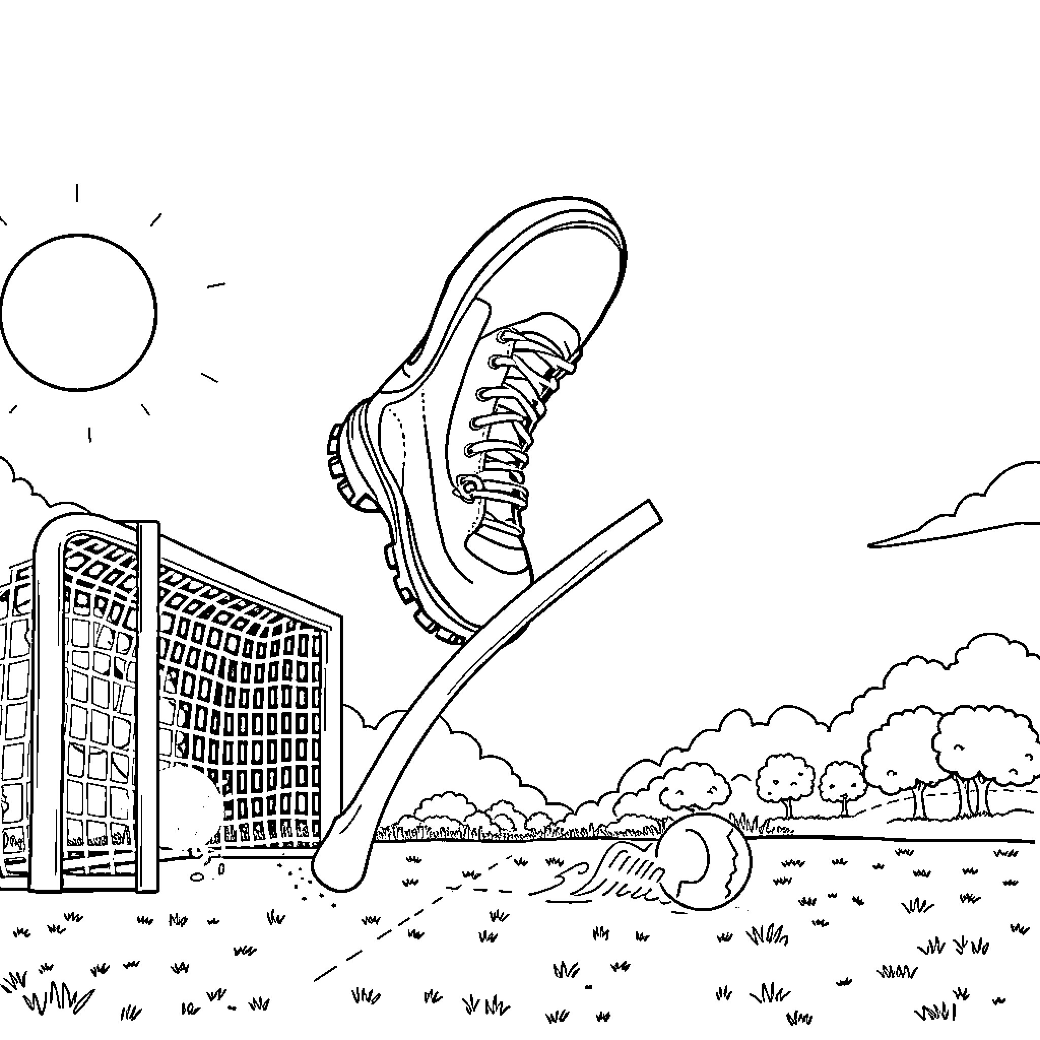 Shoe floating above urban landscape Coloring Page (free black-and-white line drawing printable PDF for all, from beginners to advanced learners, including children, teens, adults, and seniors)