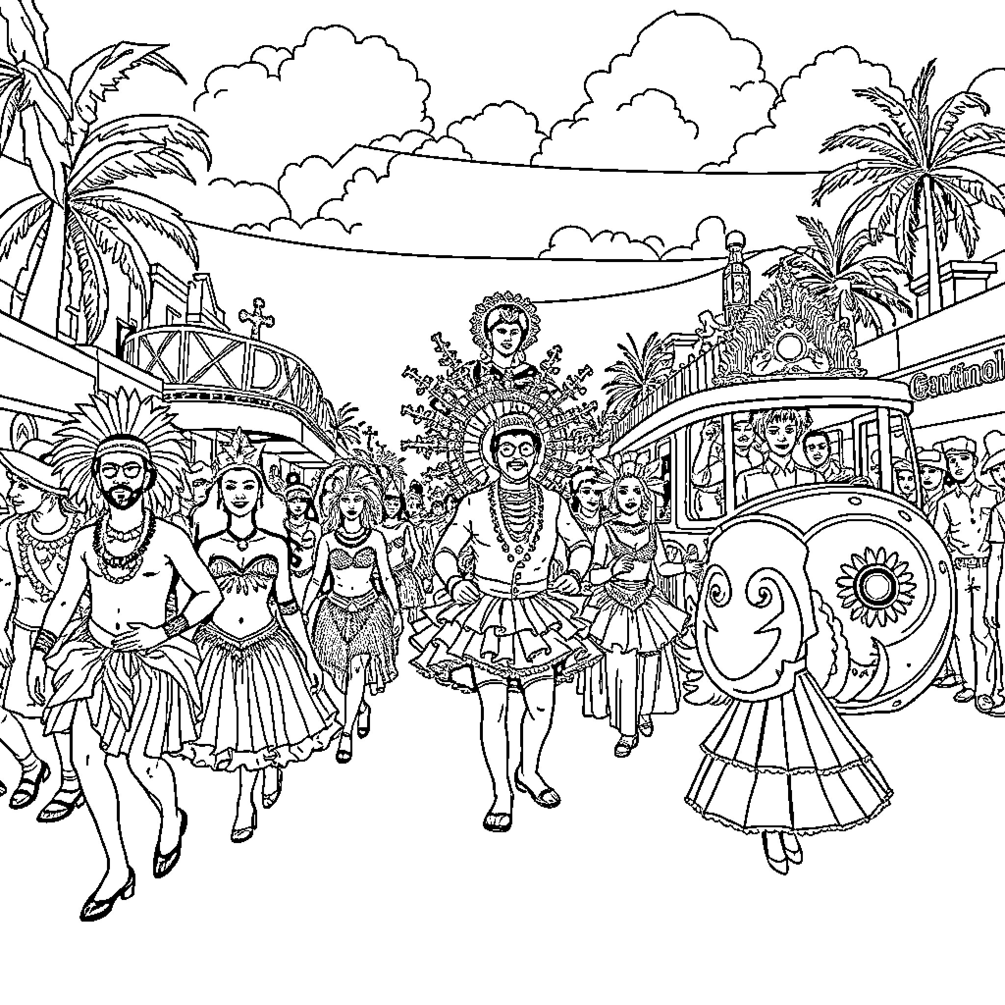 Carnival Celebrations with Vibrant Costumes and Lively Parade Coloring Page (free black-and-white line drawing printable PDF for all, from beginners to advanced learners, including children, teens, adults, and seniors)
