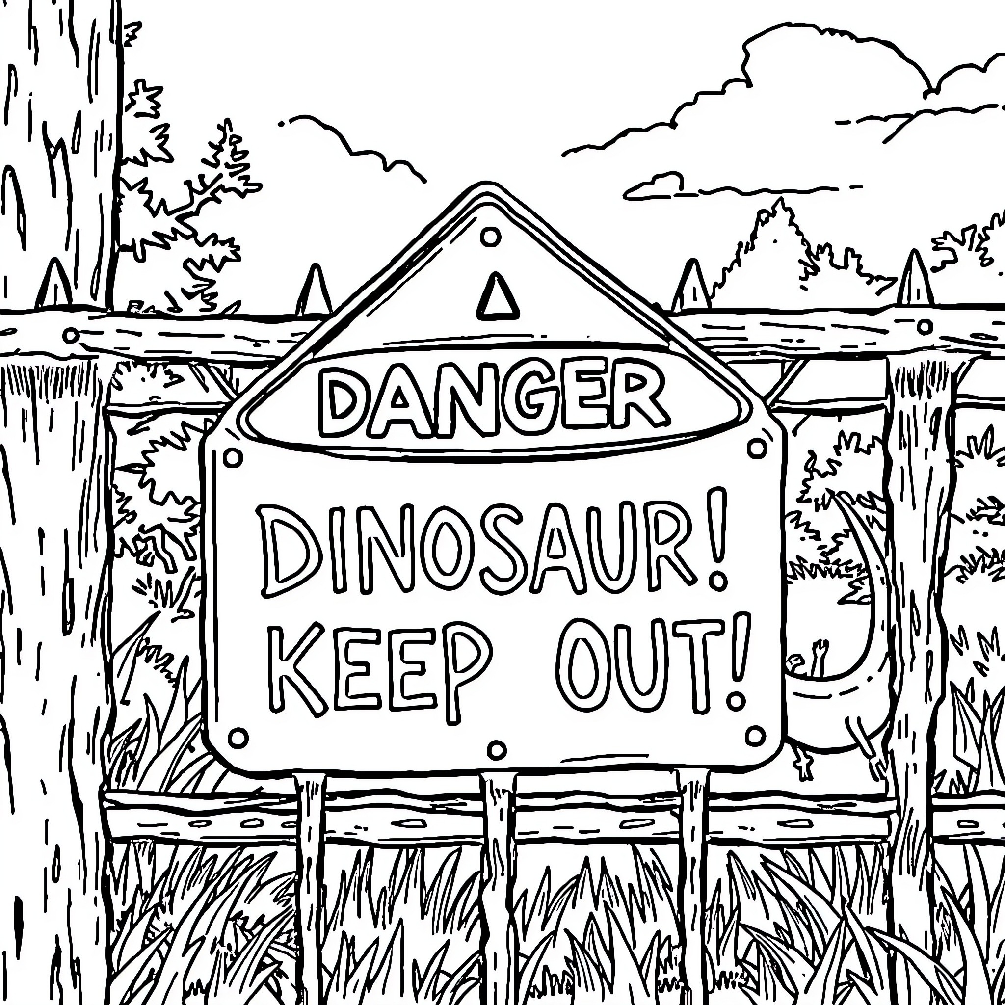 Dinosaur warning sign in wilderness Coloring Page (free black-and-white line drawing printable PDF for all, from beginners to advanced learners, including children, teens, adults, and seniors)
