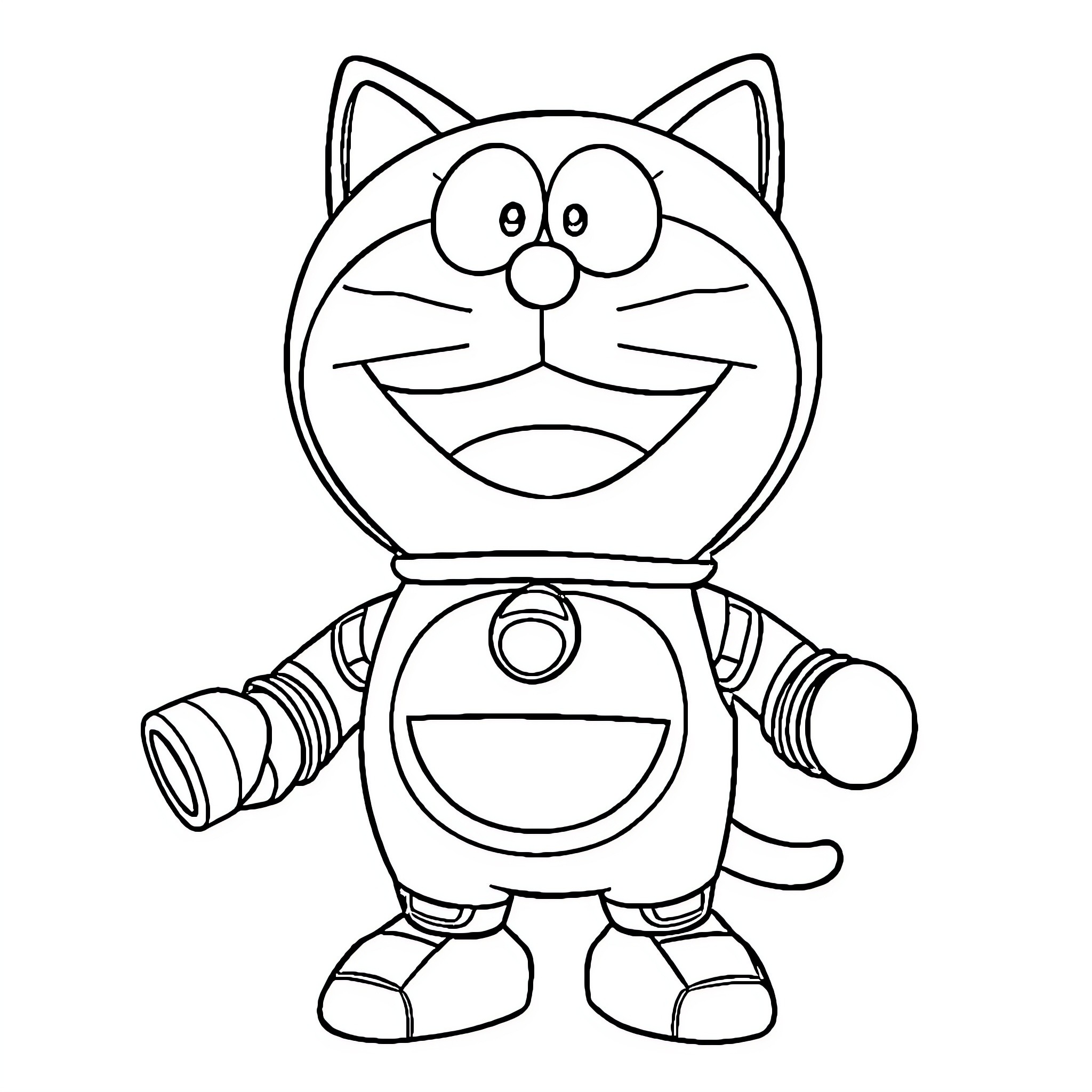 Doremon the friendly robotic cat character Coloring Page (free black-and-white line drawing printable PDF for all, from beginners to advanced learners, including children, teens, adults, and seniors)