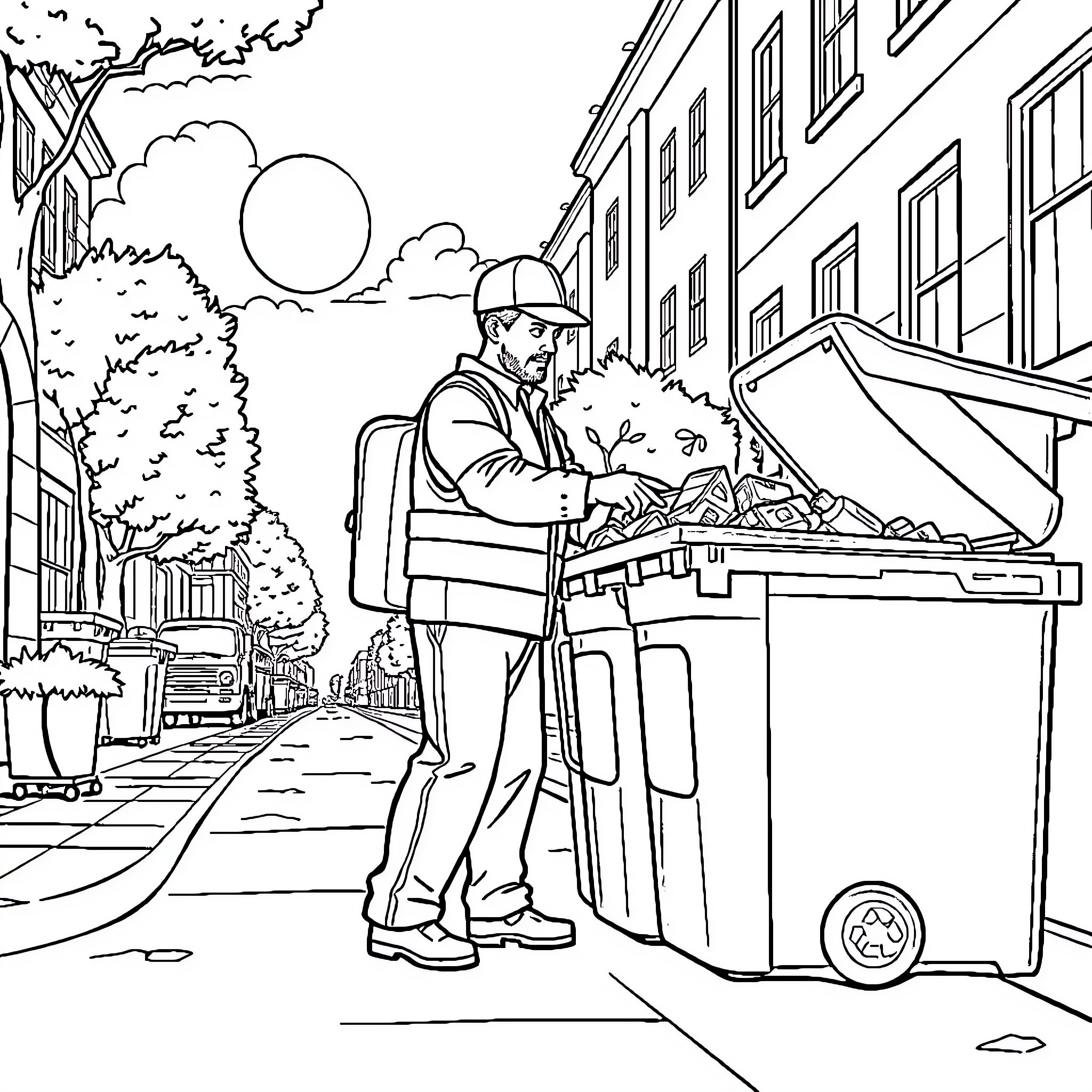 Trashman collecting waste in the city Coloring Page (free black-and-white line drawing printable PDF for all, from beginners to advanced learners, including children, teens, adults, and seniors)