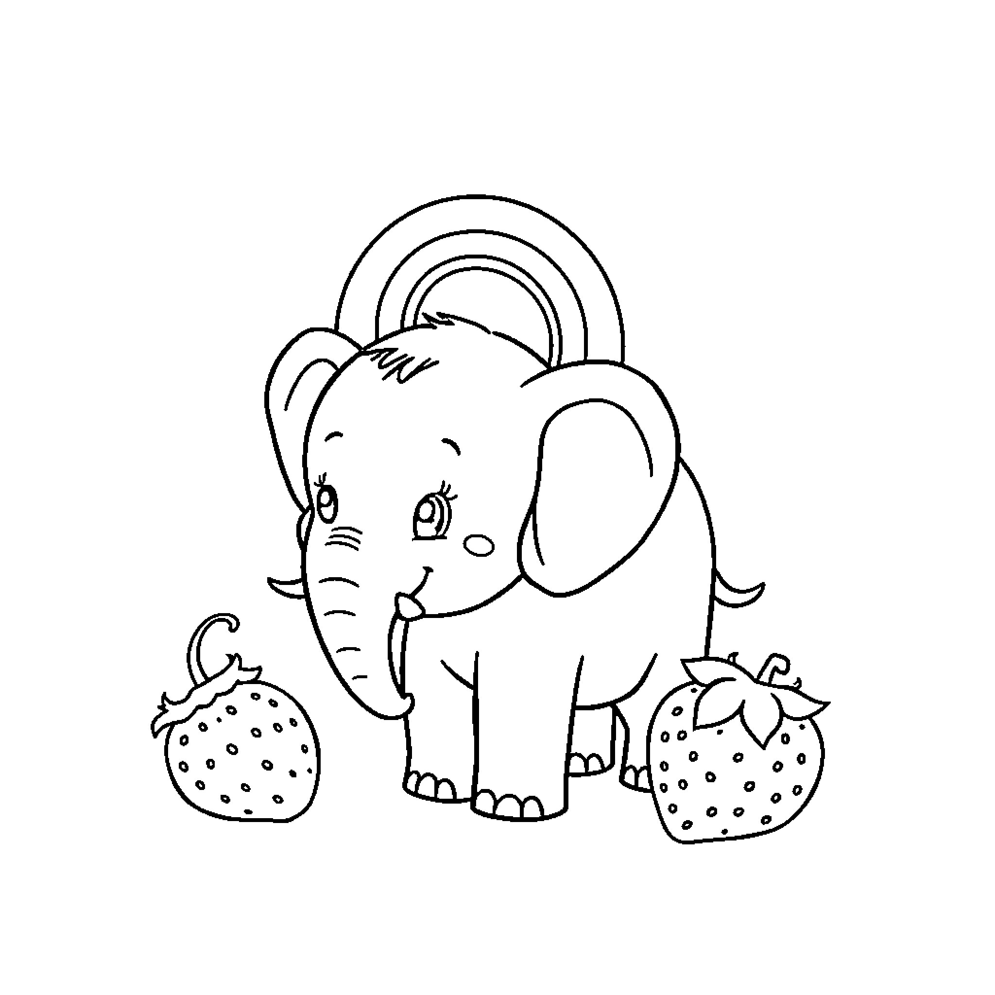 Elephant playing with strawberries Coloring Page (free black-and-white line drawing printable PDF for all, from beginners to advanced learners, including children, teens, adults, and seniors)