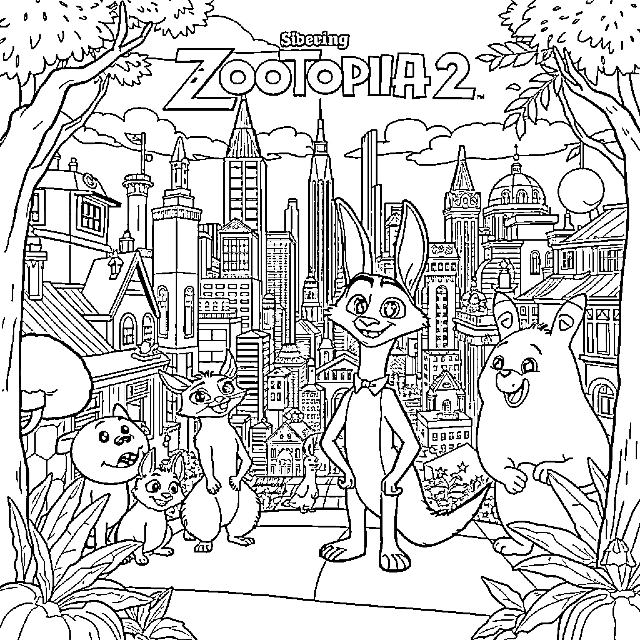 Zootopia 2: Characters Exploring the City Coloring Page (free black-and-white line drawing printable PDF for all, from beginners to advanced learners, including children, teens, adults, and seniors)
