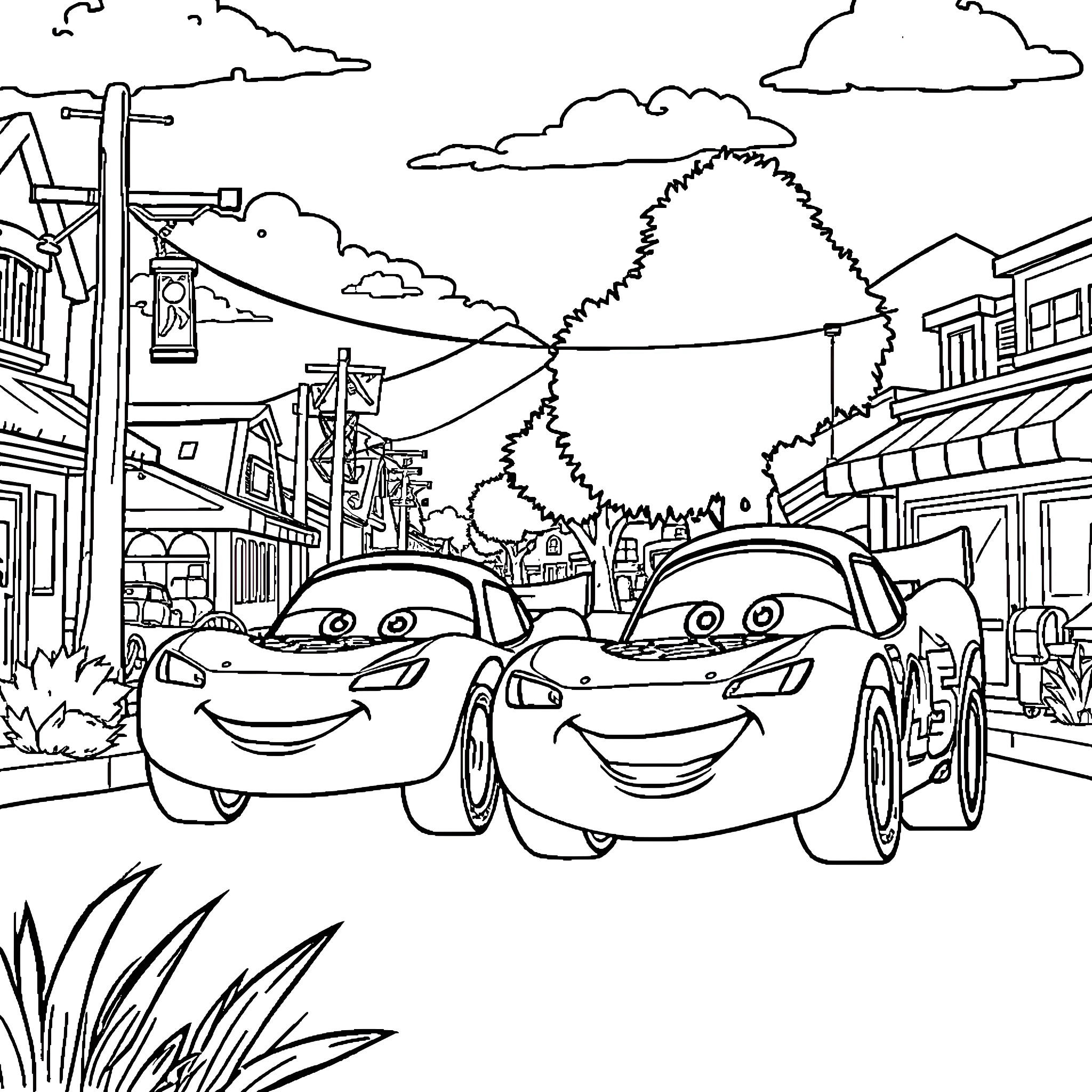 Lightning McQueen and friends in a colorful town Coloring Page (free black-and-white line drawing printable PDF for all, from beginners to advanced learners, including children, teens, adults, and seniors)