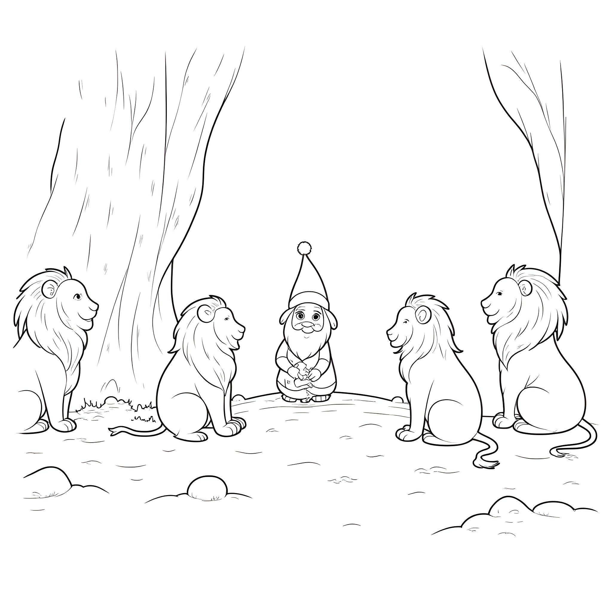 Gnome surrounded by lions in the forest Coloring Page (free black-and-white line drawing printable PDF for all, from beginners to advanced learners, including children, teens, adults, and seniors)