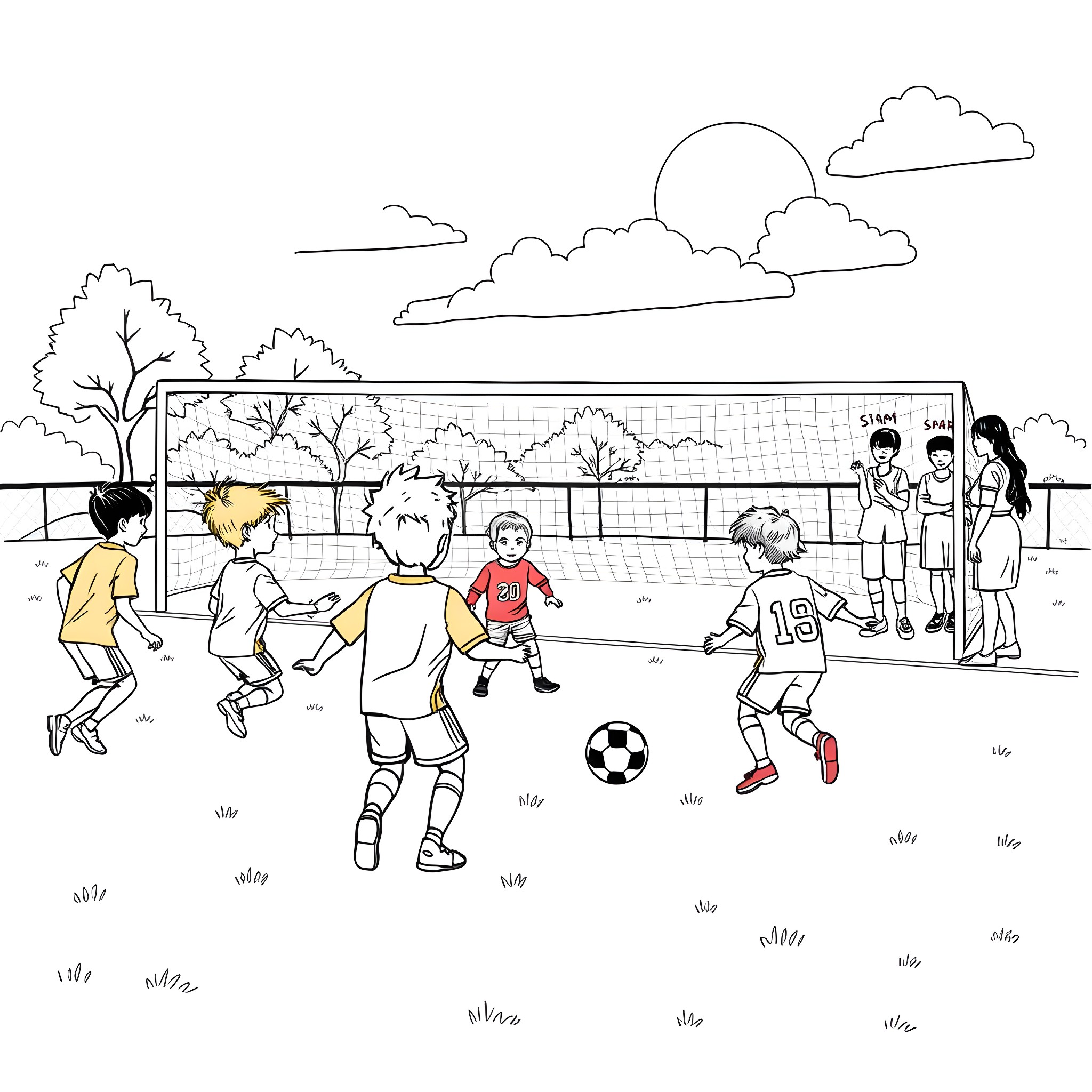 Soccer game with players on field and spectators Coloring Page (free black-and-white line drawing printable PDF for all, from beginners to advanced learners, including children, teens, adults, and seniors)