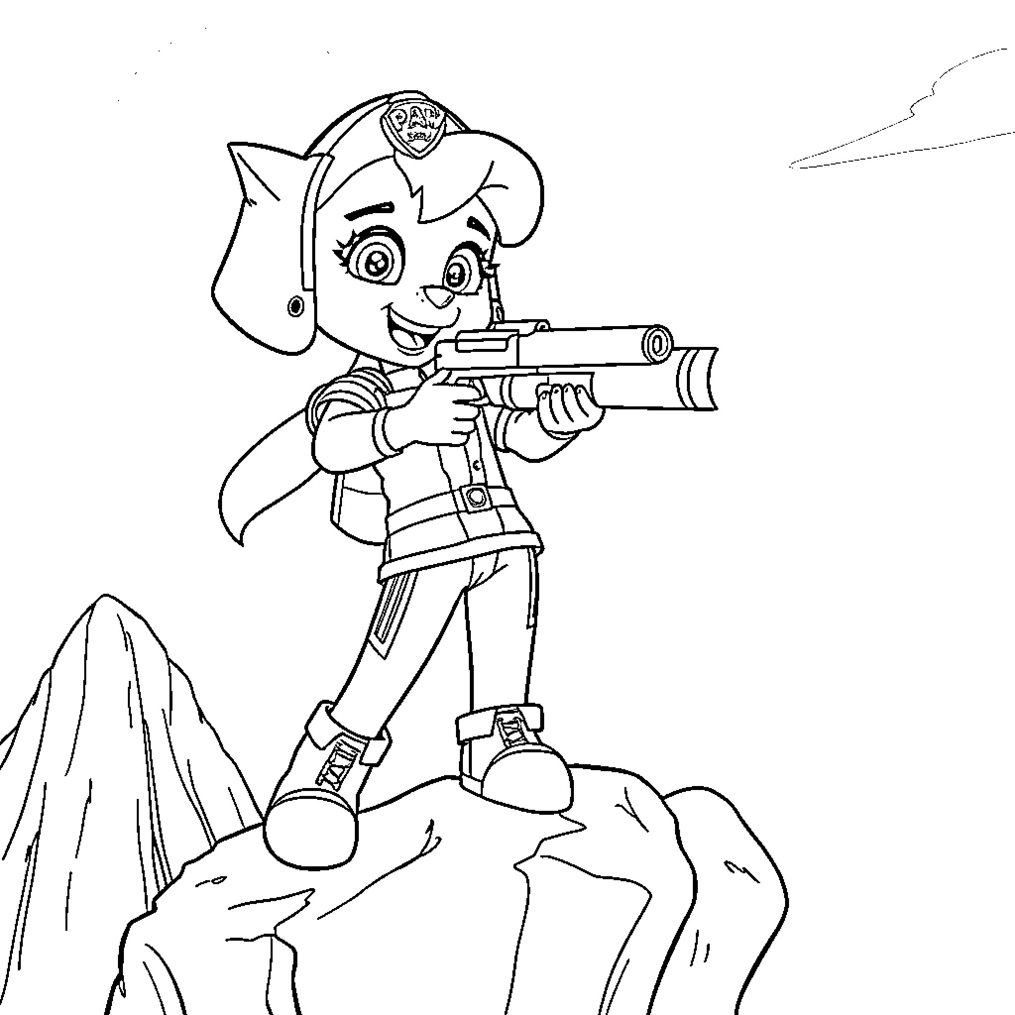 Skye the Paw Patrol Pup on a Rescue Mission Coloring Page (free black-and-white line drawing printable PDF for all, from beginners to advanced learners, including children, teens, adults, and seniors)
