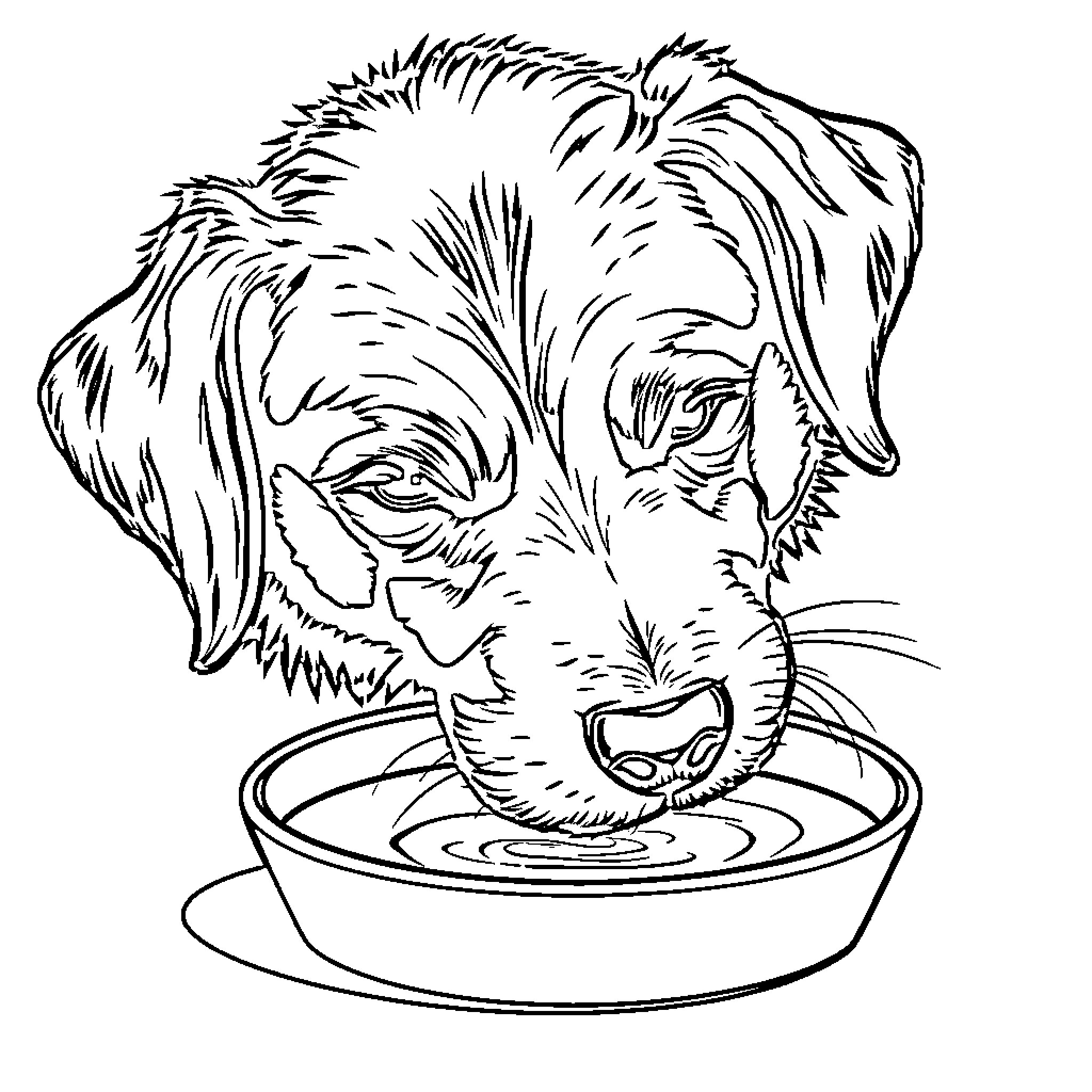 Dog drinking water from bowl Coloring Page (free black-and-white line drawing printable PDF for all, from beginners to advanced learners, including children, teens, adults, and seniors)
