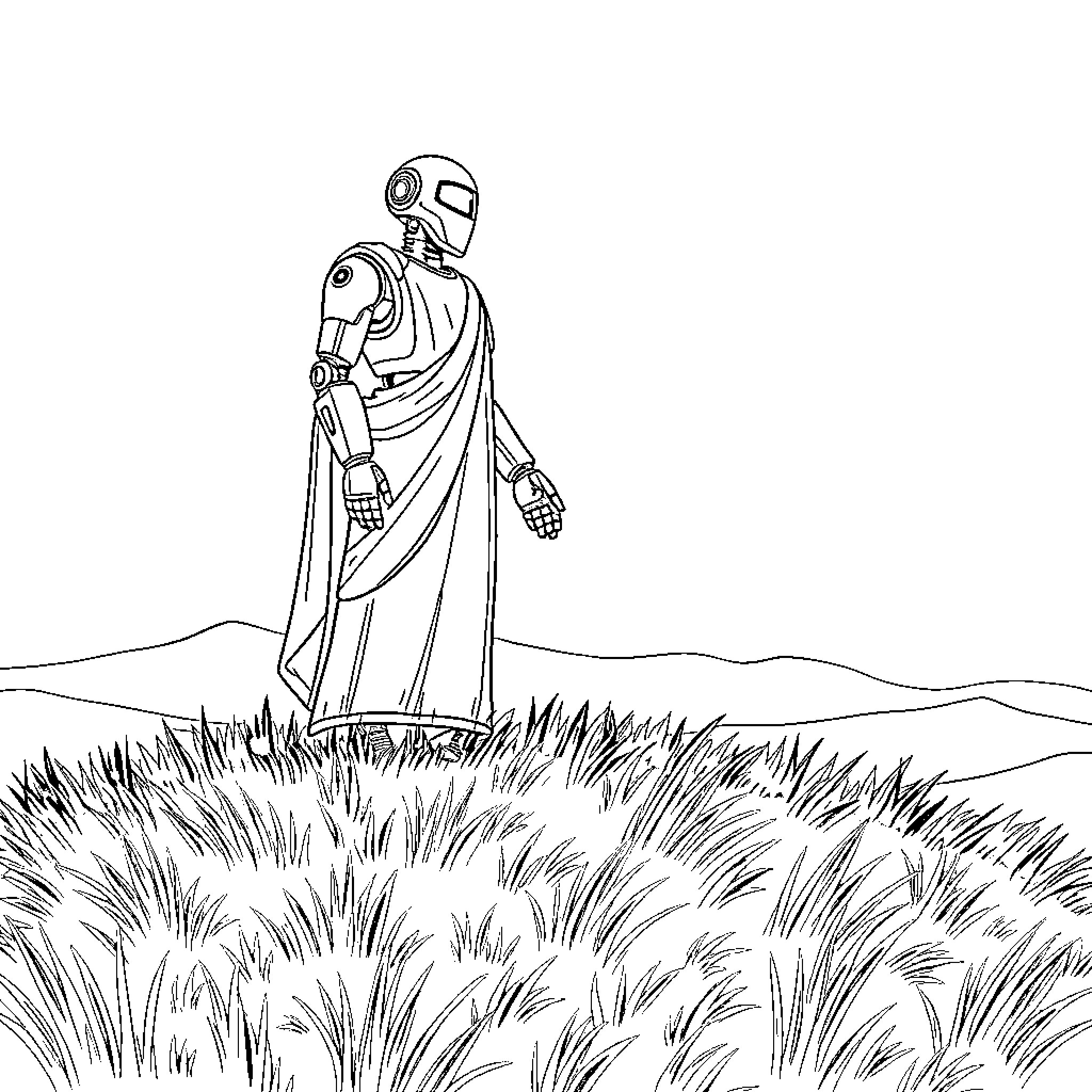Robot exploring peaceful grassy field Coloring Page (free black-and-white line drawing printable PDF for all, from beginners to advanced learners, including children, teens, adults, and seniors)