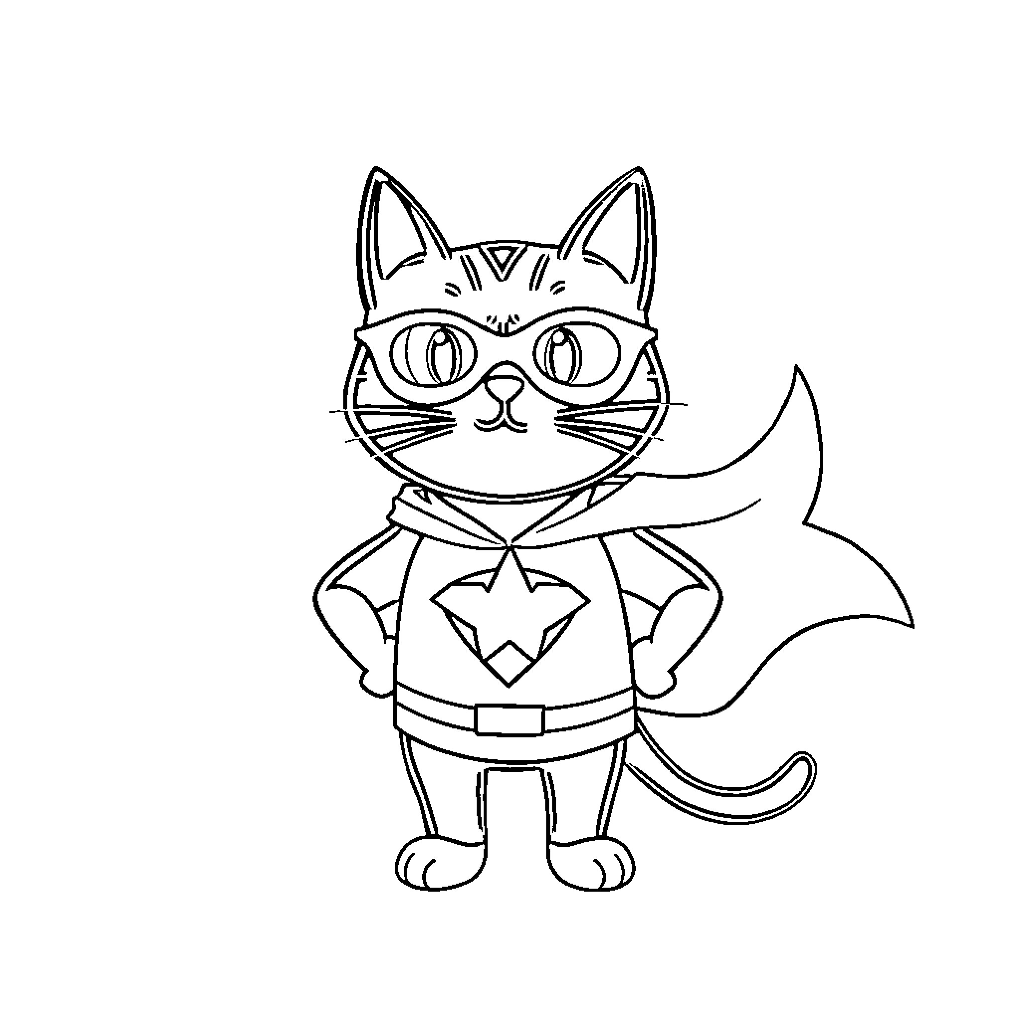 Cat superhero in costume Coloring Page (free black-and-white line drawing printable PDF for all, from beginners to advanced learners, including children, teens, adults, and seniors)