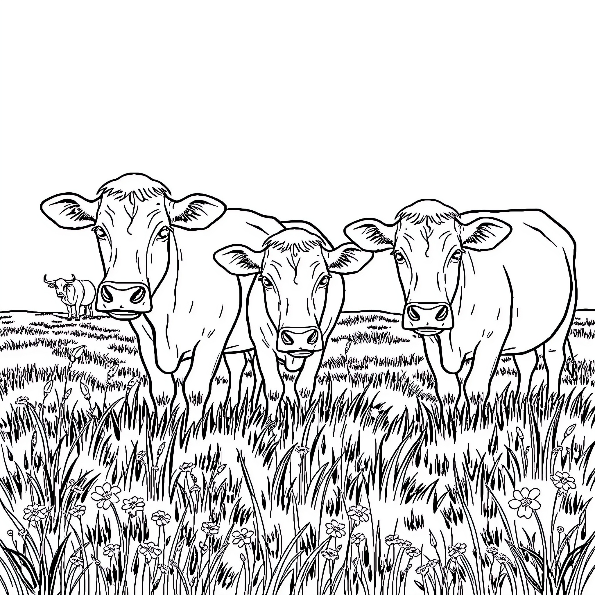 Cow friends grazing in the meadow Coloring Page (free black-and-white line drawing printable PDF for all, from beginners to advanced learners, including children, teens, adults, and seniors)