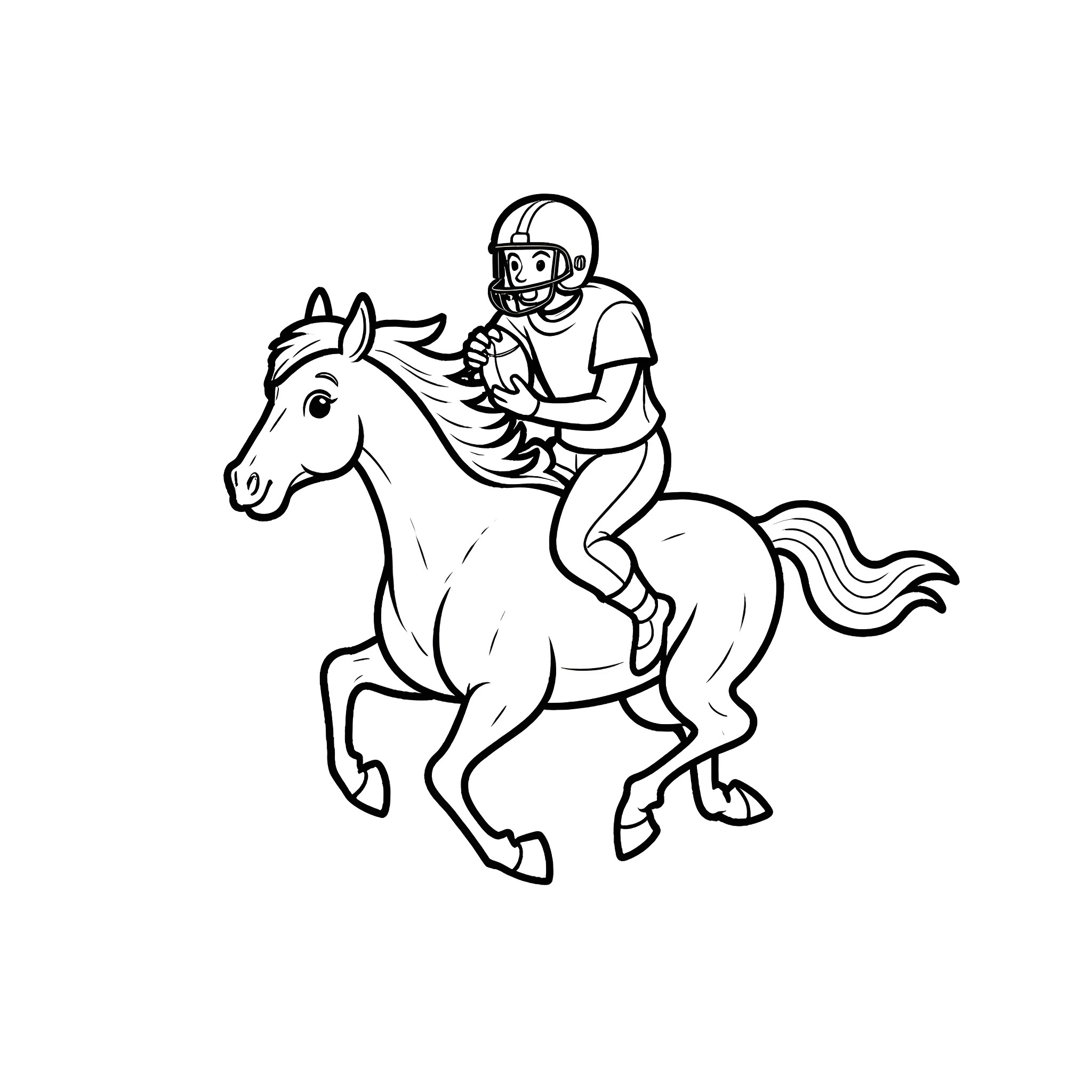 Football Player Riding Horse in Action Coloring Page (free black-and-white line drawing printable PDF for all, from beginners to advanced learners, including children, teens, adults, and seniors)