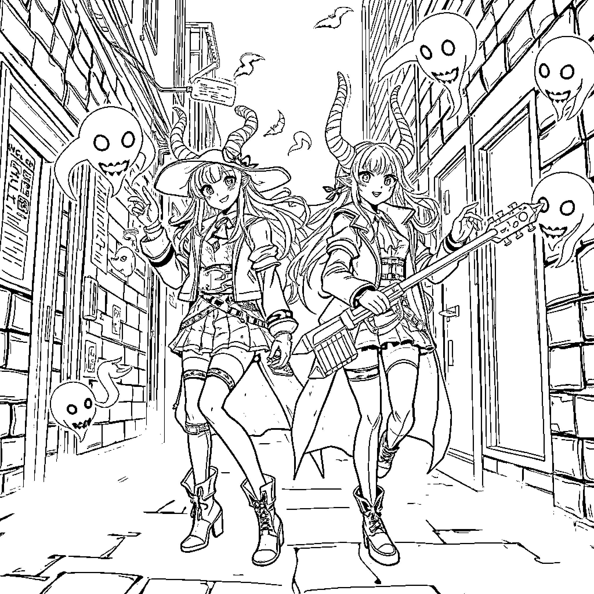 Demon Hunters in Supernatural City Encounter Coloring Page (free black-and-white line drawing printable PDF for all, from beginners to advanced learners, including children, teens, adults, and seniors)