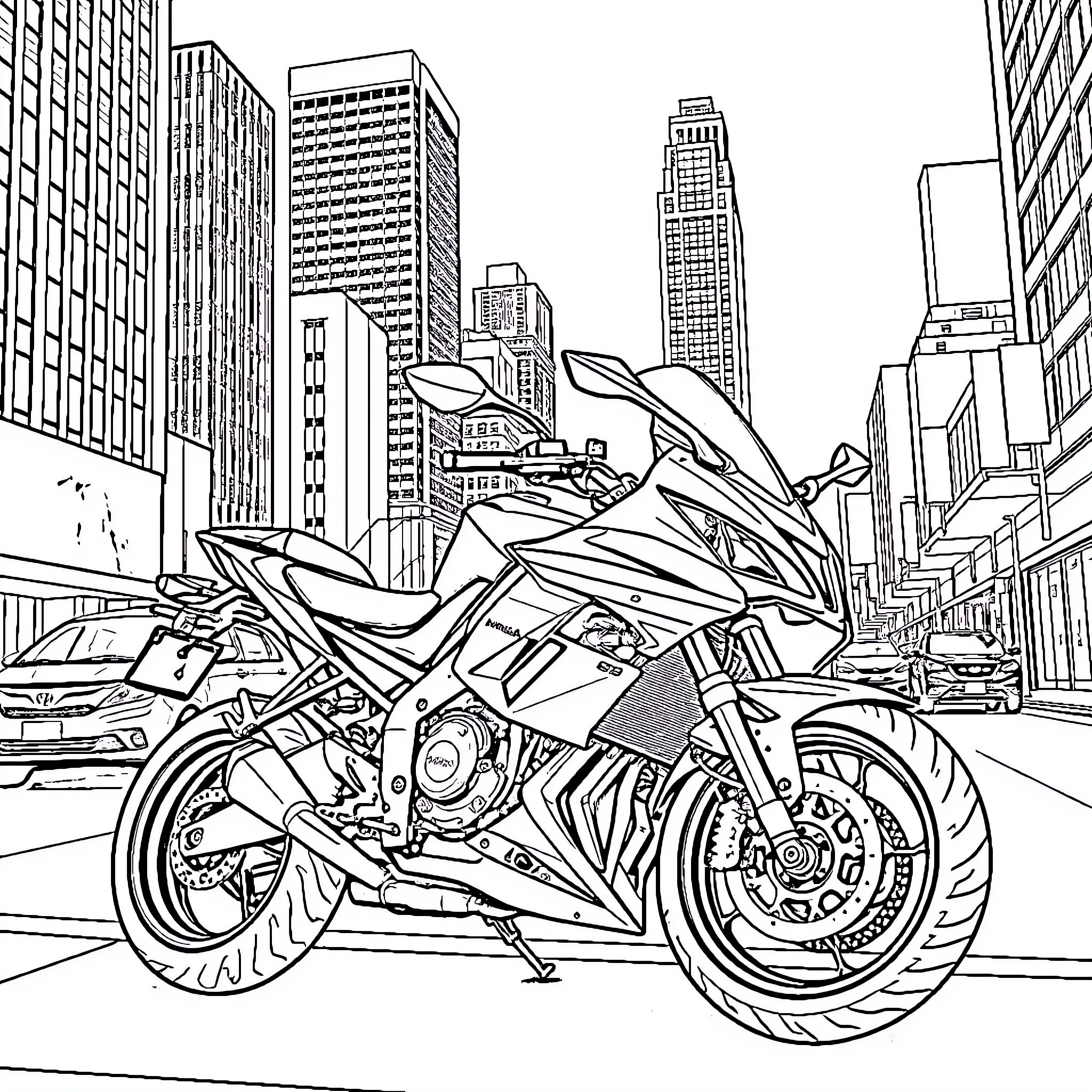 Ninja 650 speeding through the city Coloring Page (free black-and-white line drawing printable PDF for all, from beginners to advanced learners, including children, teens, adults, and seniors)