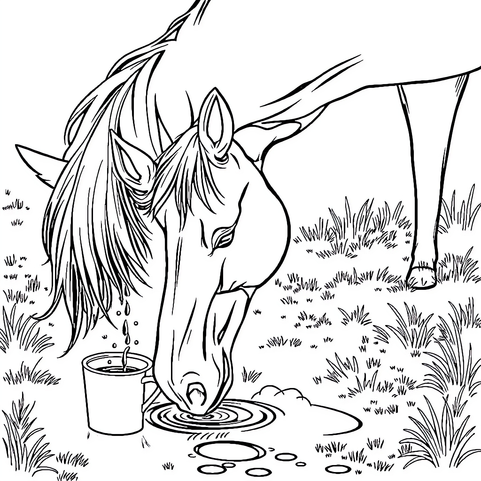 Horse drinking water from a pond in the wild Coloring Page (free black-and-white line drawing printable PDF for all, from beginners to advanced learners, including children, teens, adults, and seniors)
