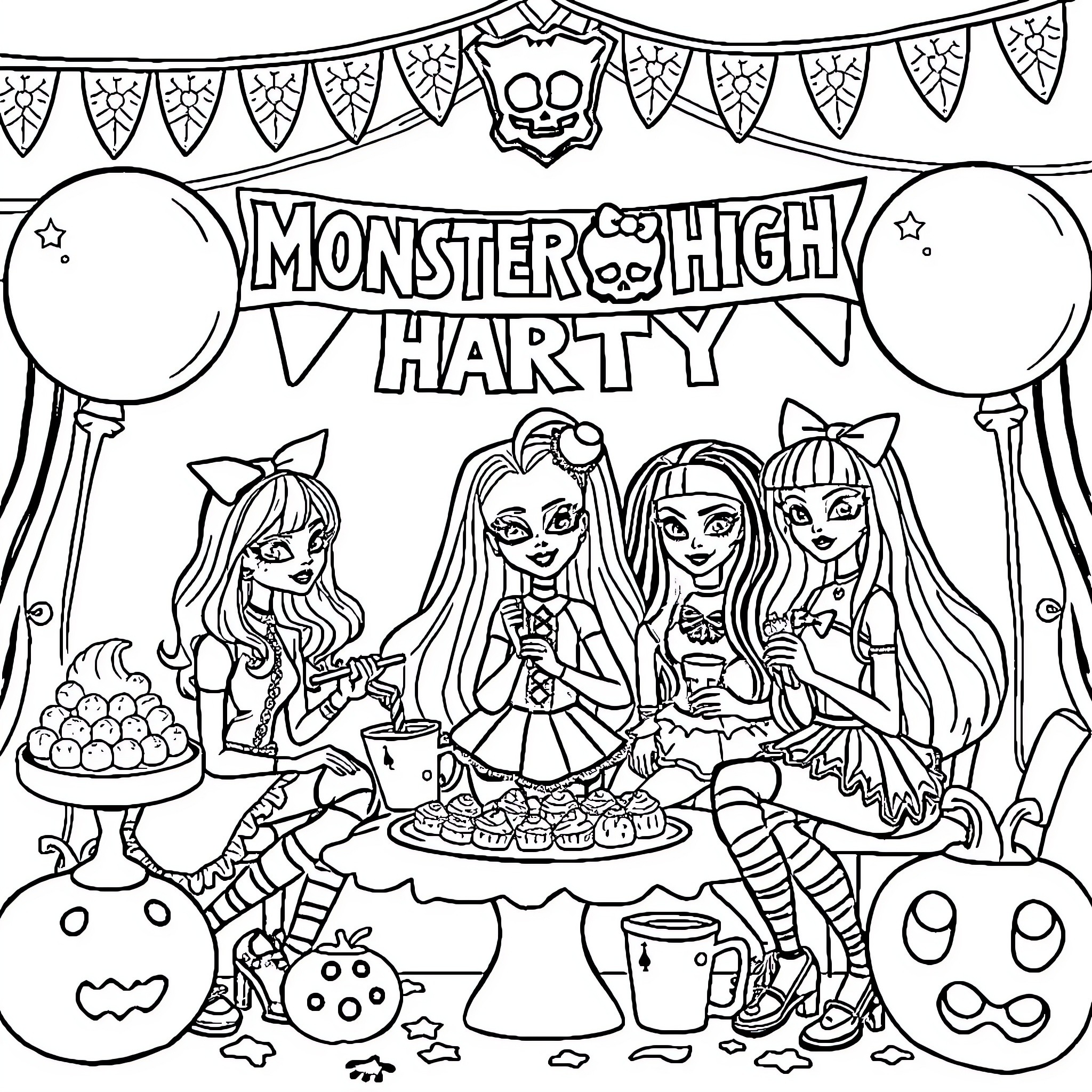 Monster High Halloween Party Coloring Page (free black-and-white line drawing printable PDF for all, from beginners to advanced learners, including children, teens, adults, and seniors)