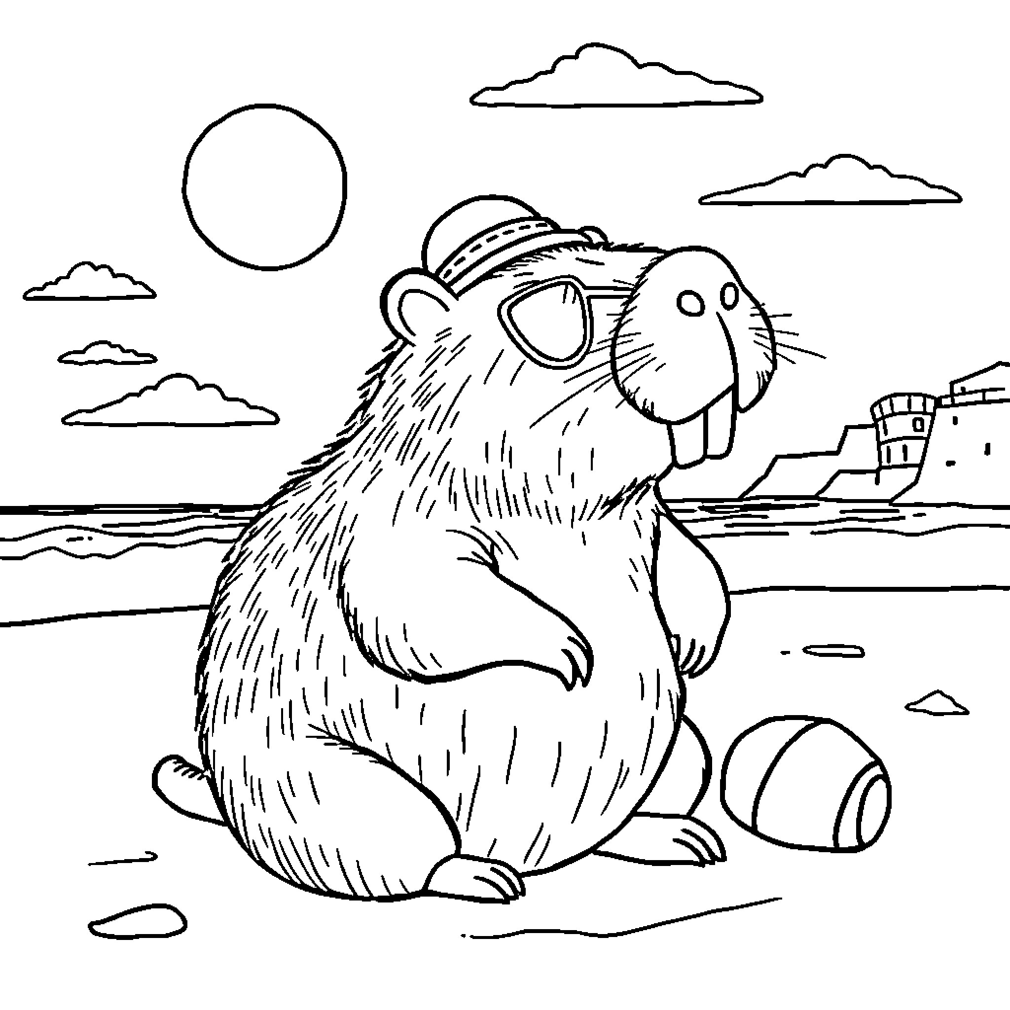 Capybara enjoying the beach scenery Coloring Page (free black-and-white line drawing printable PDF for all, from beginners to advanced learners, including children, teens, adults, and seniors)