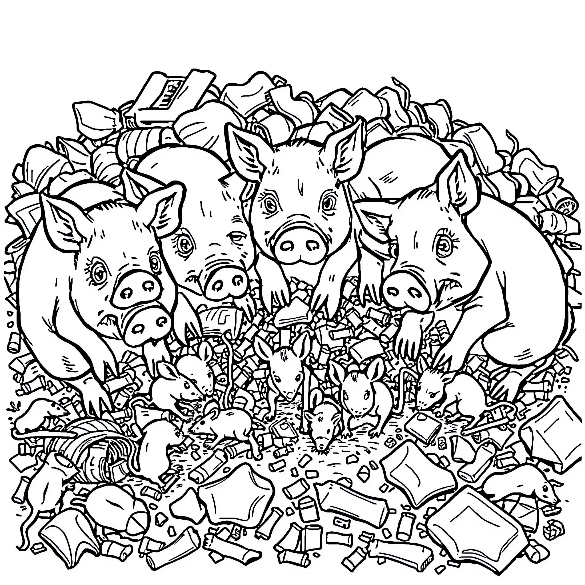 Pigs playing joyfully amidst a messy scene Coloring Page (free black-and-white line drawing printable PDF for all, from beginners to advanced learners, including children, teens, adults, and seniors)