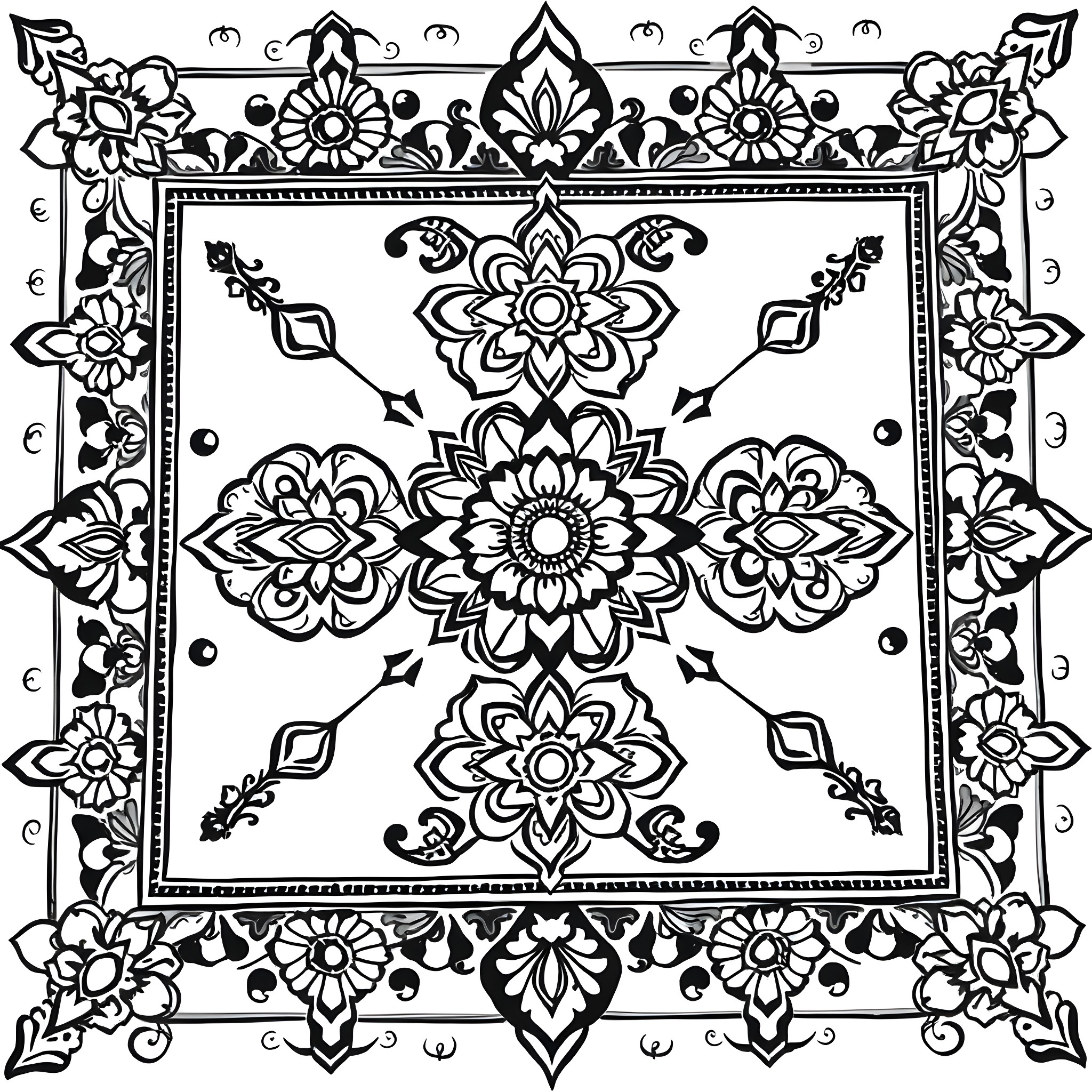 Rangoli design with intricate floral patterns Coloring Page (free black-and-white line drawing printable PDF for all, from beginners to advanced learners, including children, teens, adults, and seniors)