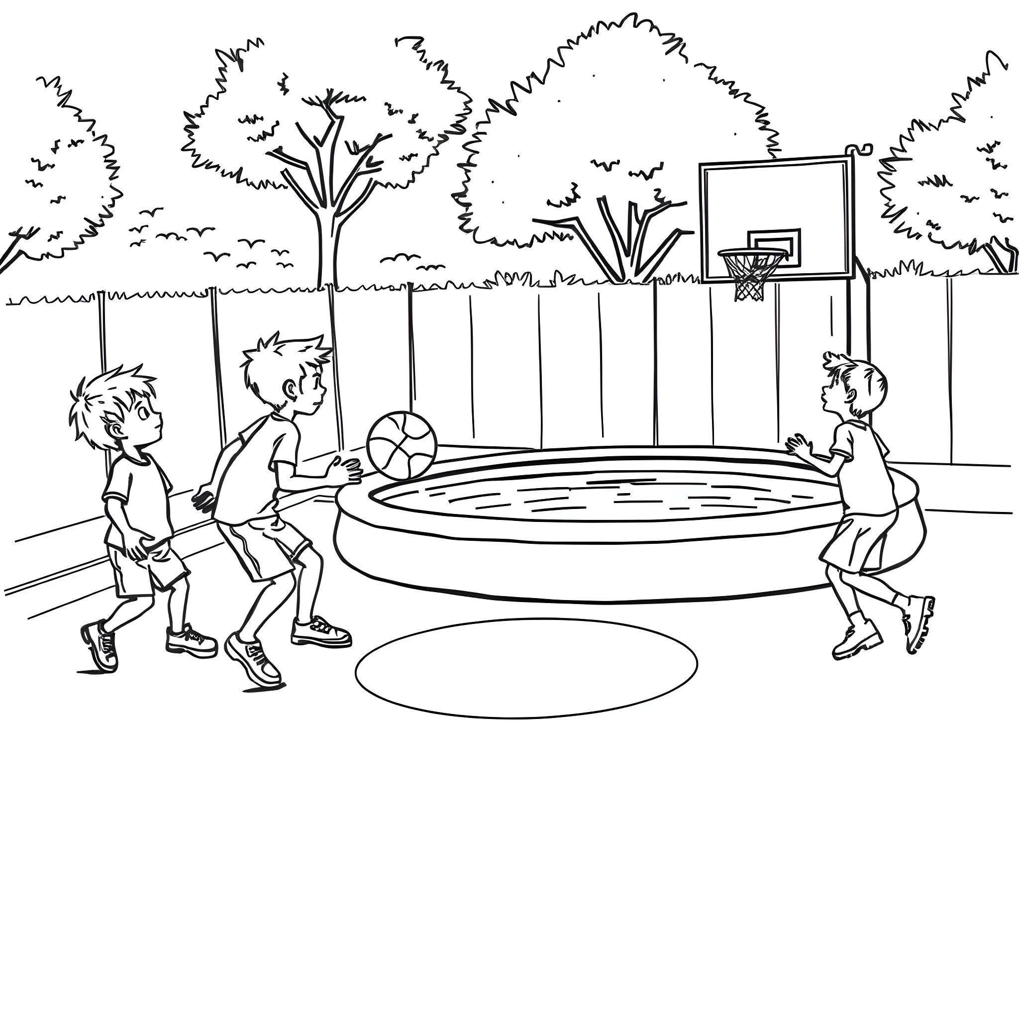Boy playing basketball with friends in the park Coloring Page (free black-and-white line drawing printable PDF for all, from beginners to advanced learners, including children, teens, adults, and seniors)