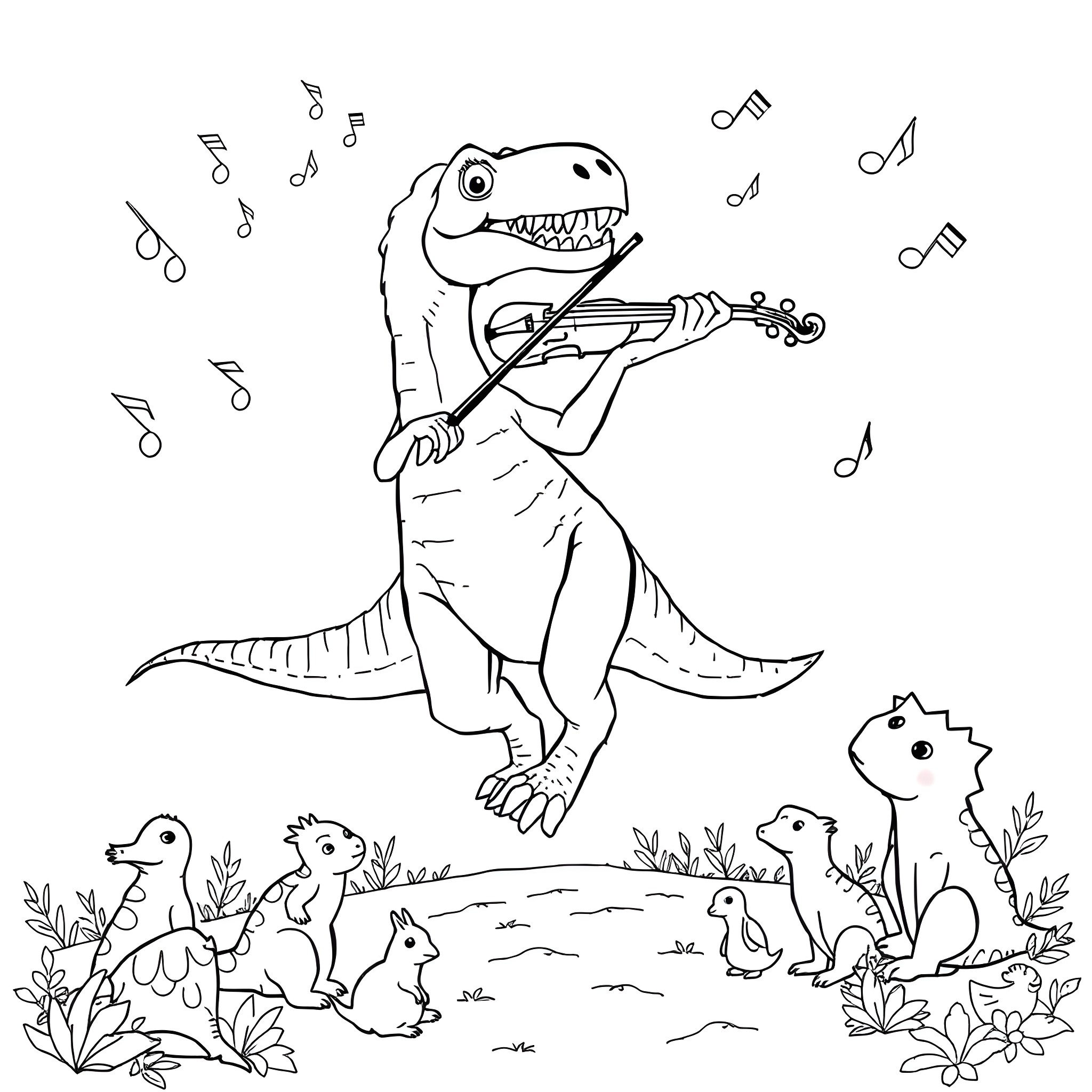 Dinosaur playing violin surrounded by nature Coloring Page (free black-and-white line drawing printable PDF for all, from beginners to advanced learners, including children, teens, adults, and seniors)