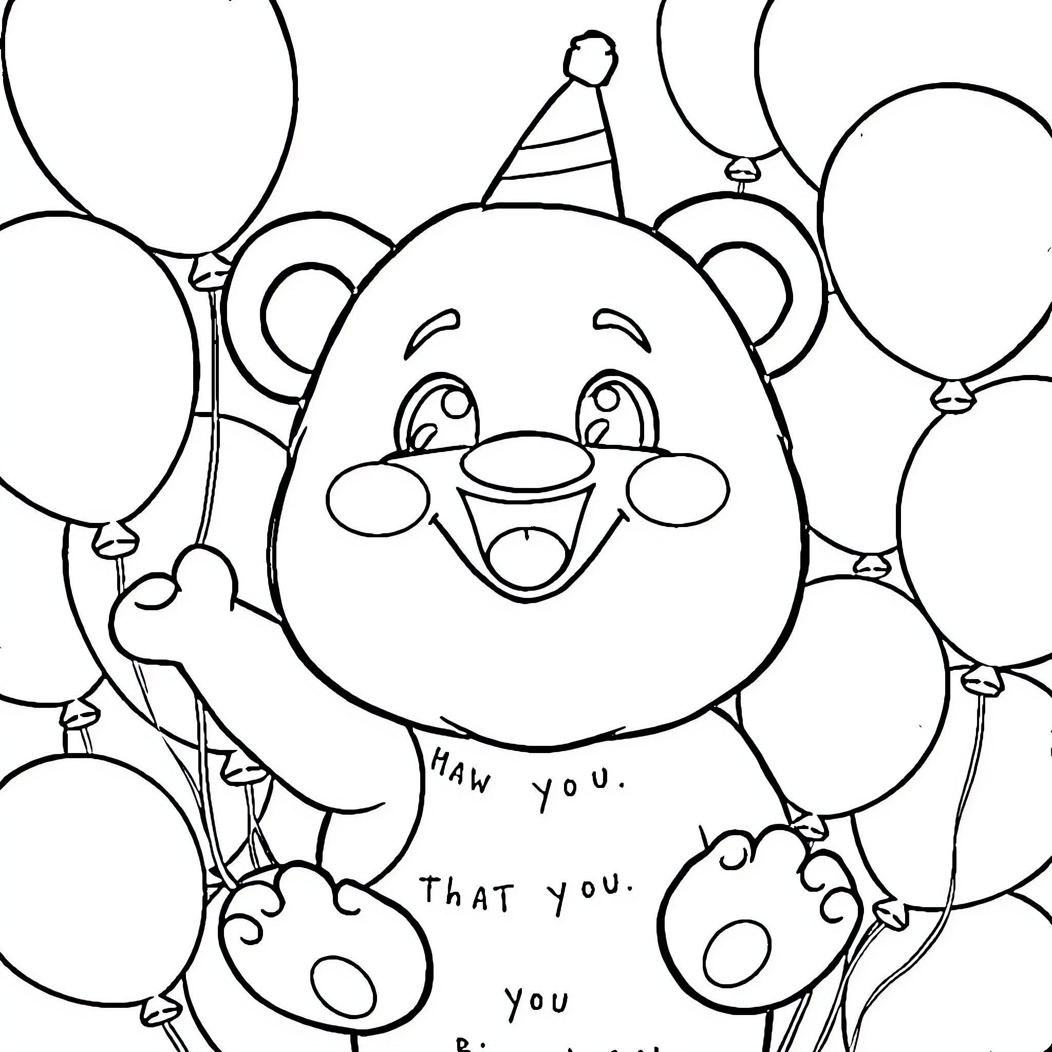 Labubu celebrates with joy and balloons Coloring Page (free black-and-white line drawing printable PDF for all, from beginners to advanced learners, including children, teens, adults, and seniors)
