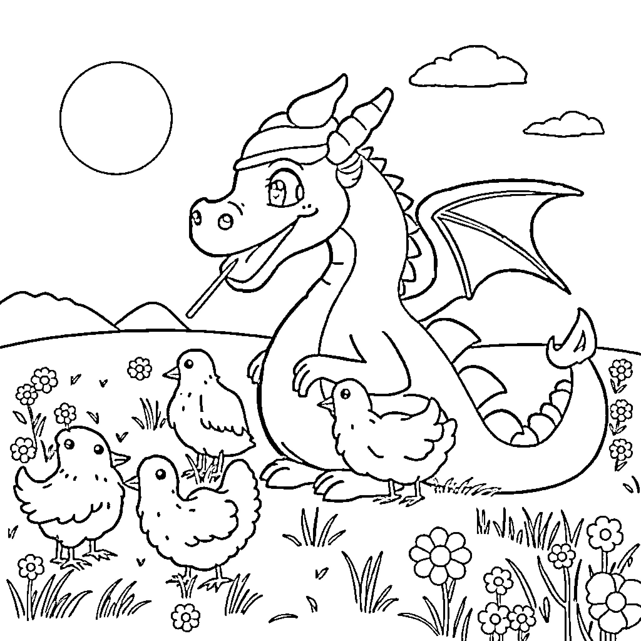 Dragon Interacting with Friendly Animals in Nature Coloring Page (free black-and-white line drawing printable PDF for all, from beginners to advanced learners, including children, teens, adults, and seniors)