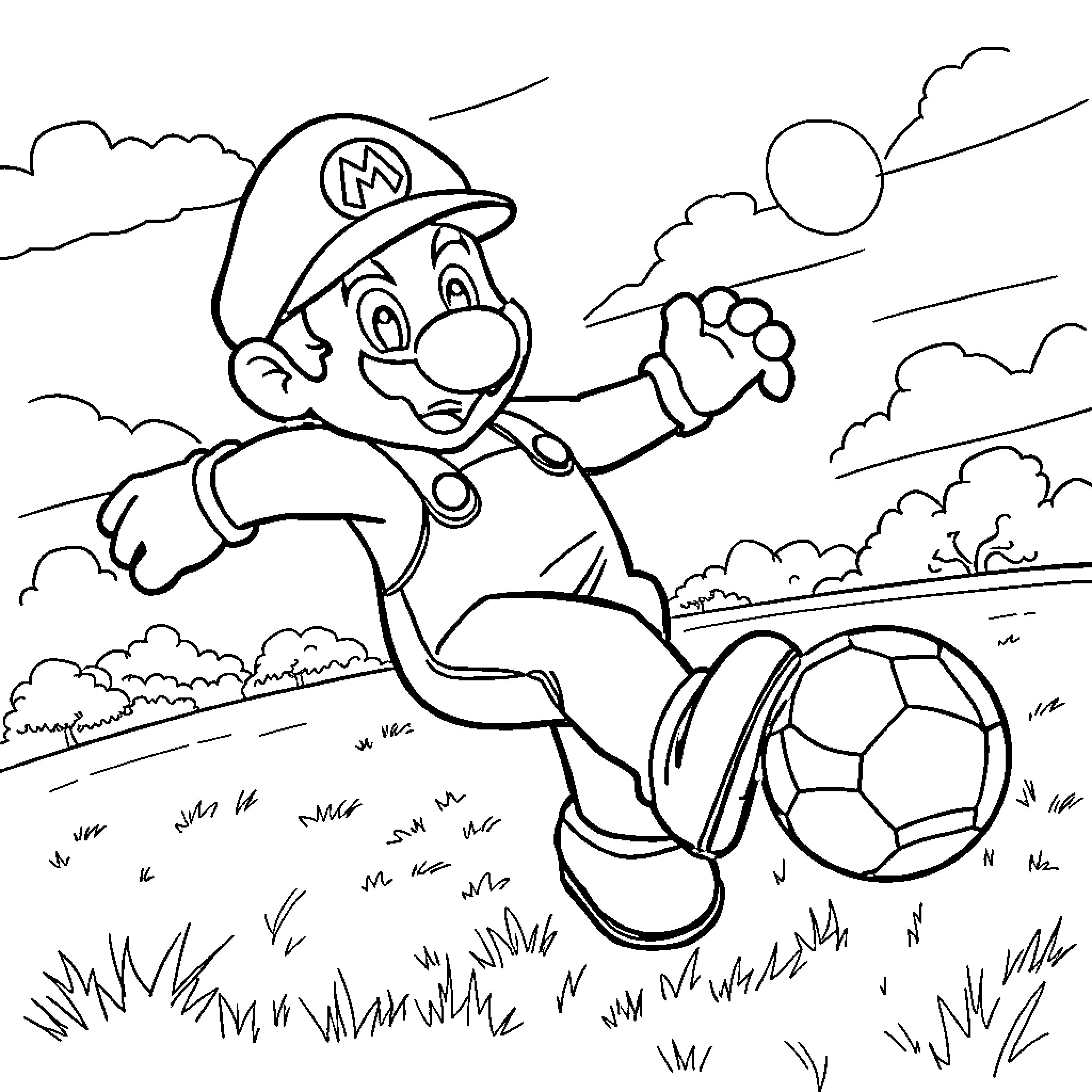 Mario happily playing with soccer ball outdoors Coloring Page (free black-and-white line drawing printable PDF for all, from beginners to advanced learners, including children, teens, adults, and seniors)