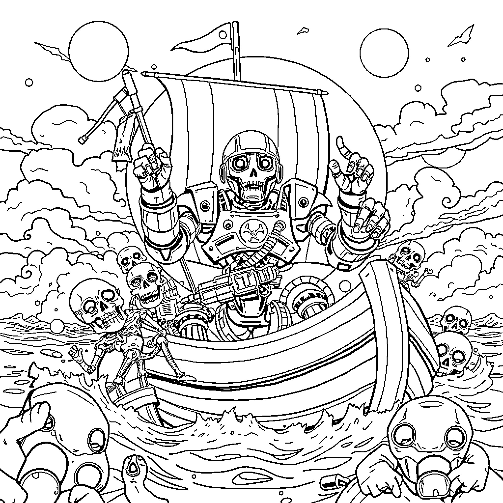 Robot captain steering ship through stormy seas Coloring Page (free black-and-white line drawing printable PDF for all, from beginners to advanced learners, including children, teens, adults, and seniors)