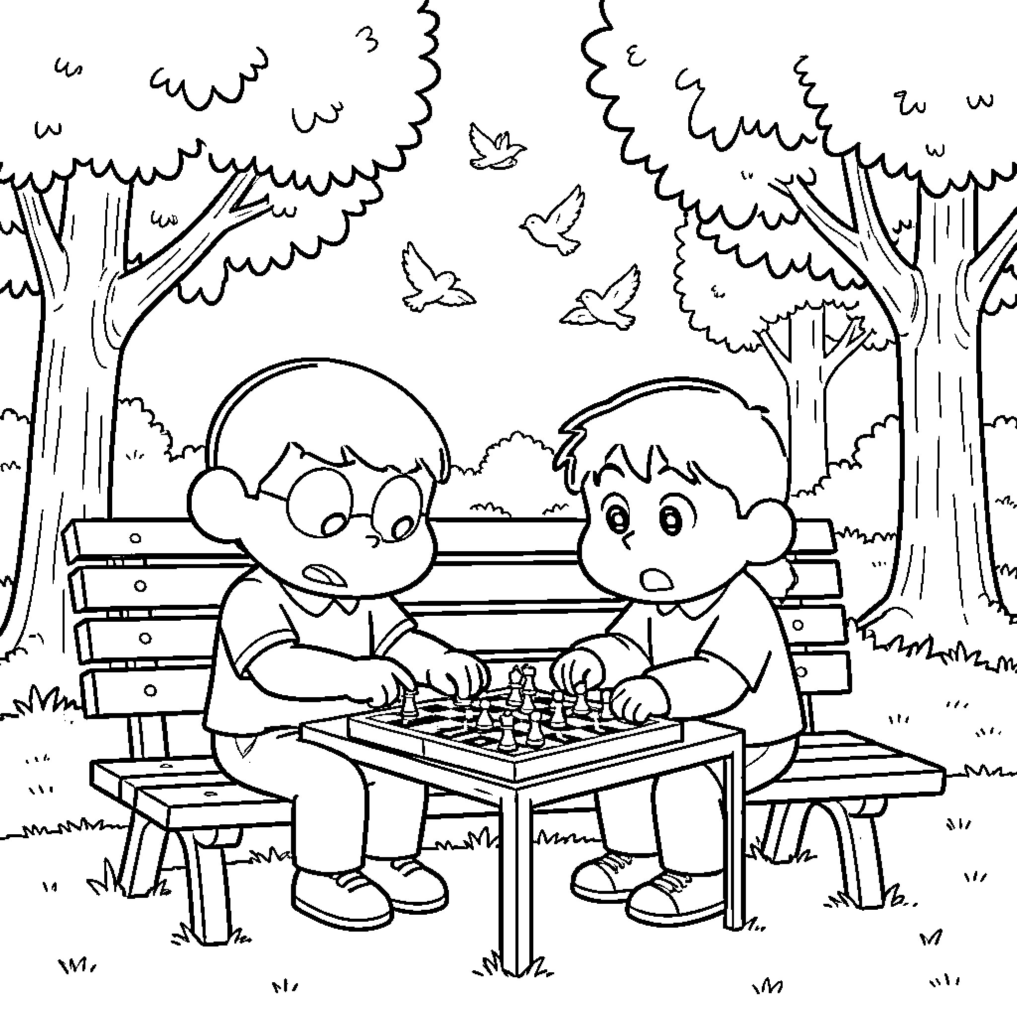 Shinchan and a friend playing chess on a bench Coloring Page (free black-and-white line drawing printable PDF for all, from beginners to advanced learners, including children, teens, adults, and seniors)