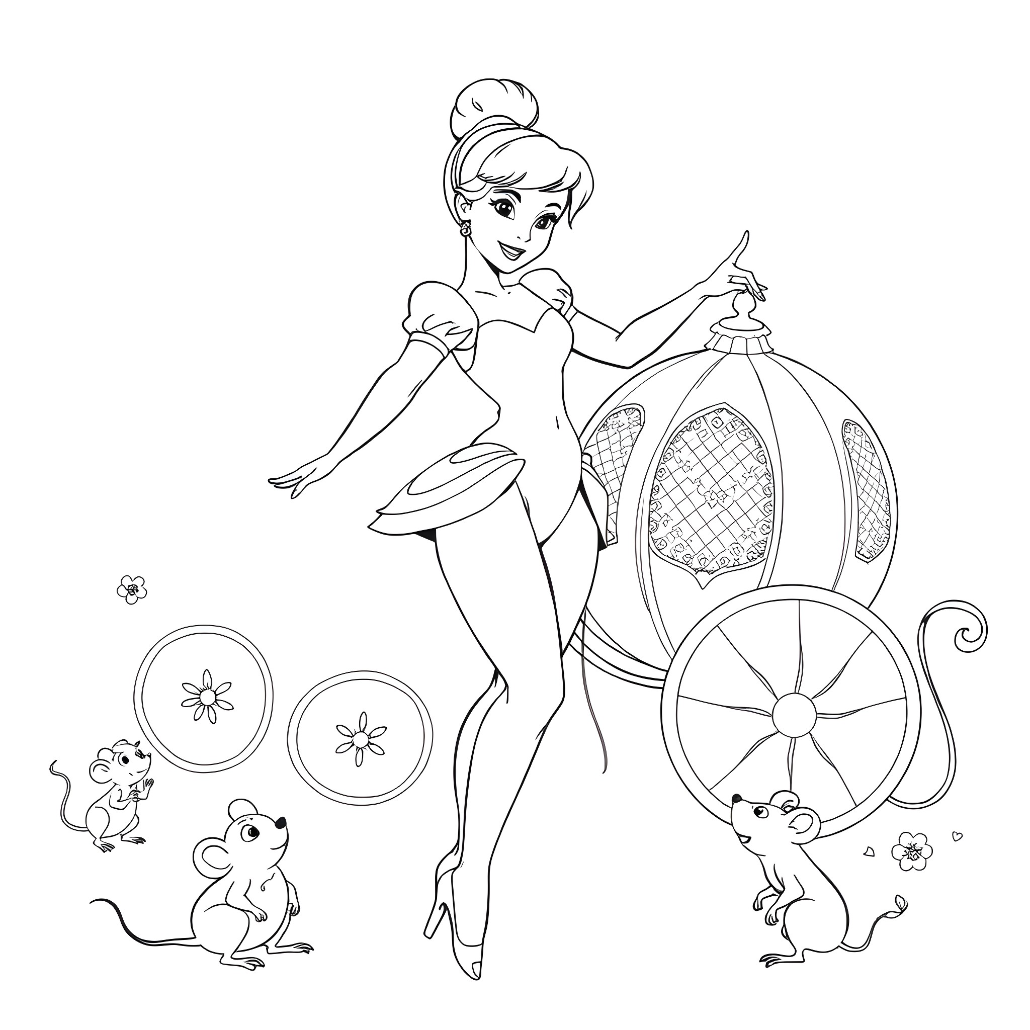 Cinderella dancing with her carriage in enchanted forest Coloring Page (free black-and-white line drawing printable PDF for all, from beginners to advanced learners, including children, teens, adults, and seniors)