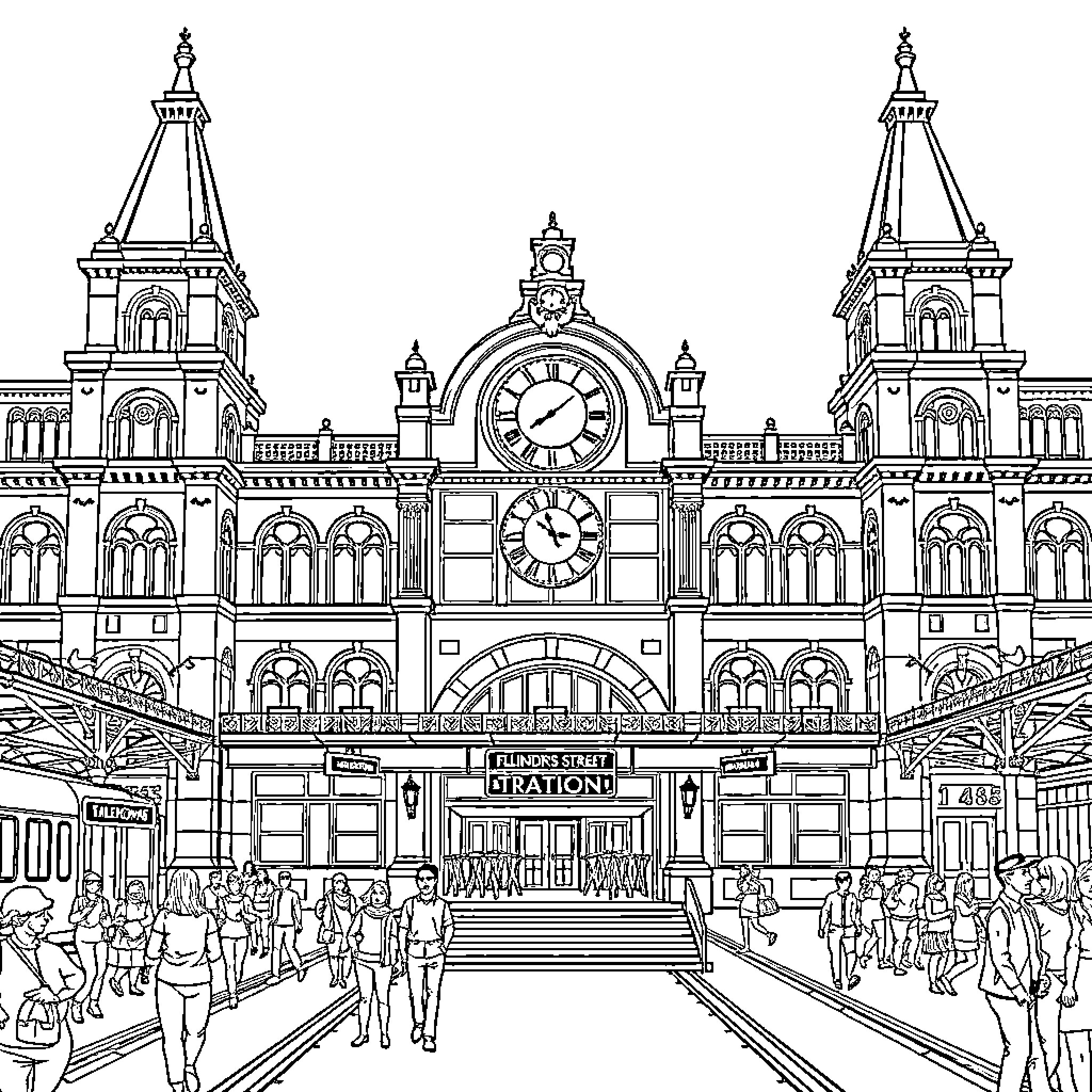 Flinders Street Train Station: Bustling with Passengers Coloring Page (free black-and-white line drawing printable PDF for all, from beginners to advanced learners, including children, teens, adults, and seniors)