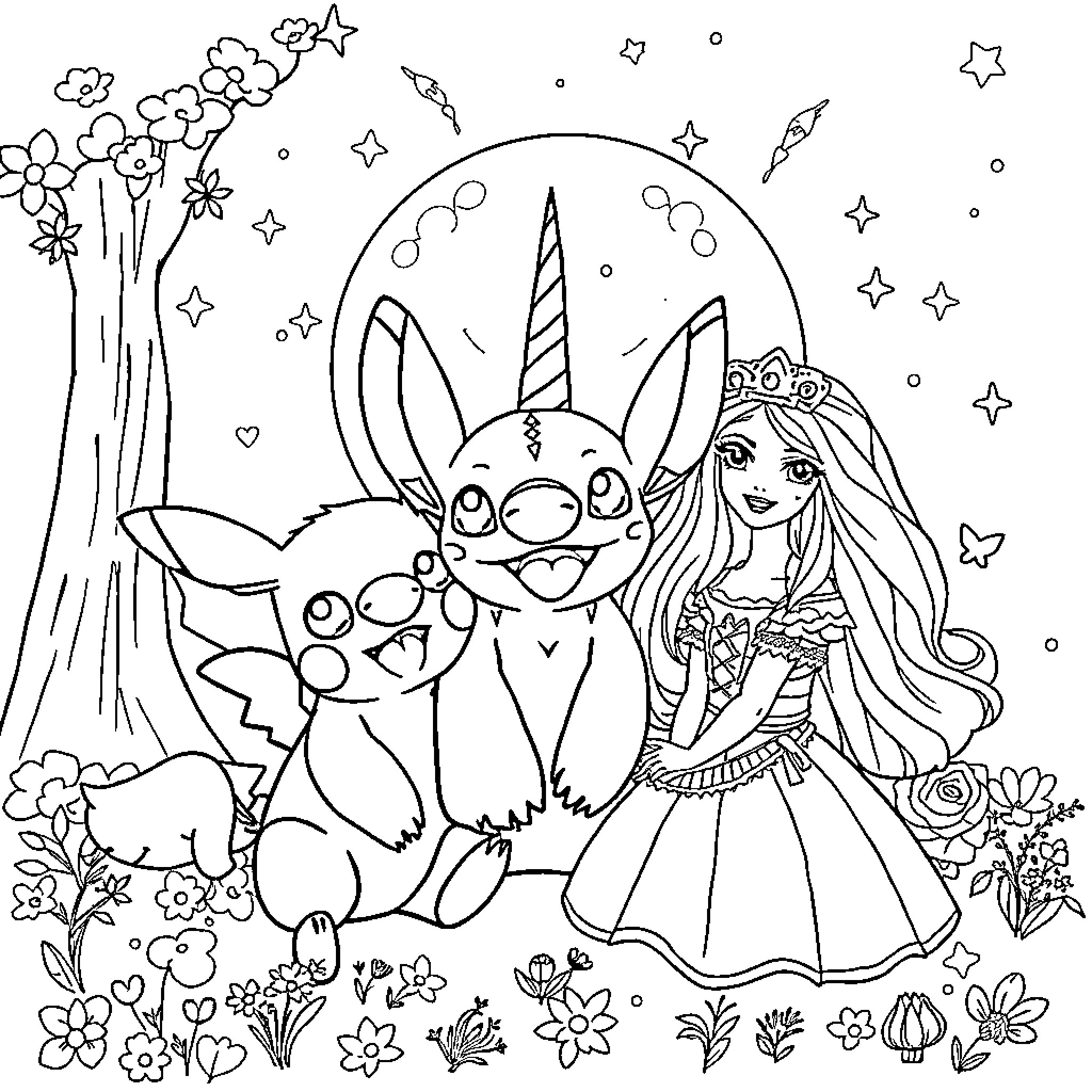 Licorne: Stitch and Magical Princess in Whimsical Garden Coloring Page (free black-and-white line drawing printable PDF for all, from beginners to advanced learners, including children, teens, adults, and seniors)