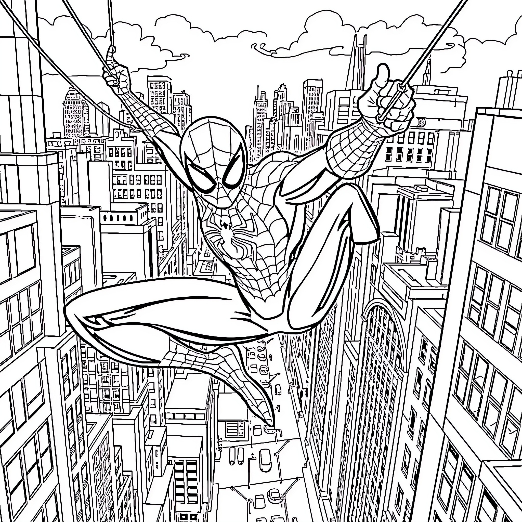 Spider-Man swinging through the city skyline Coloring Page (free black-and-white line drawing printable PDF for all, from beginners to advanced learners, including children, teens, adults, and seniors)